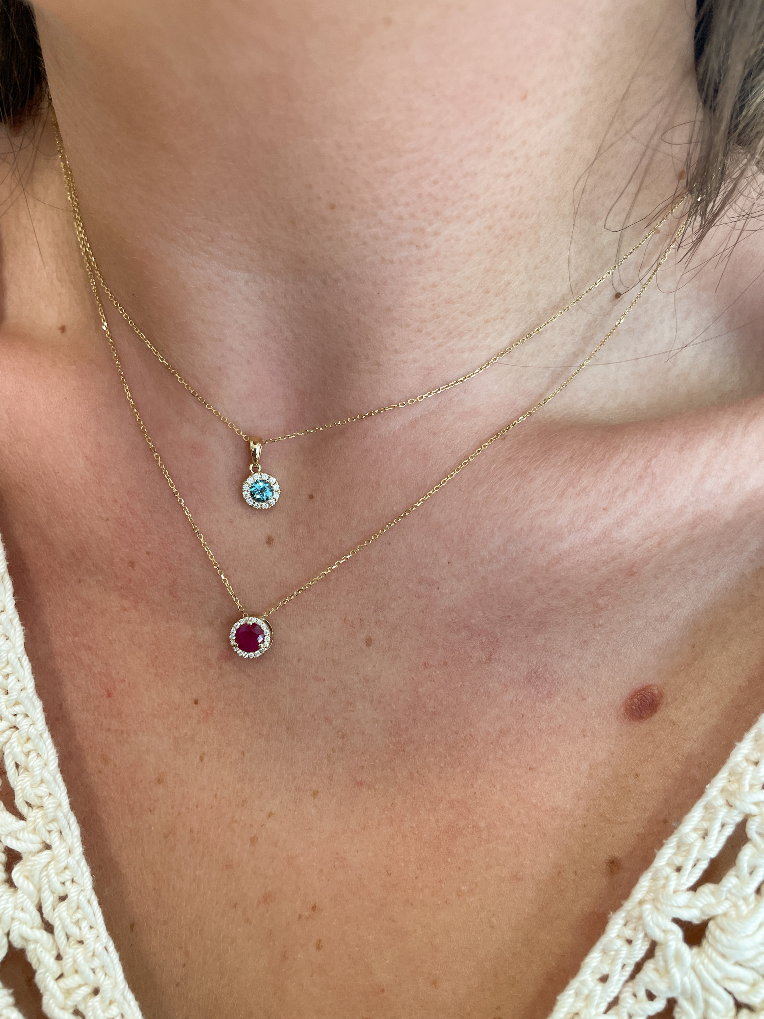 Yellow Gold Ruby Necklace with Diamond Halo