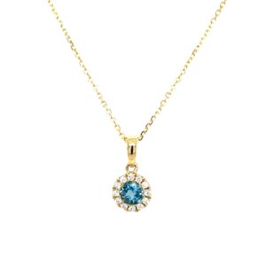 Yellow Gold Blue Topaz Necklace with Diamond Halo