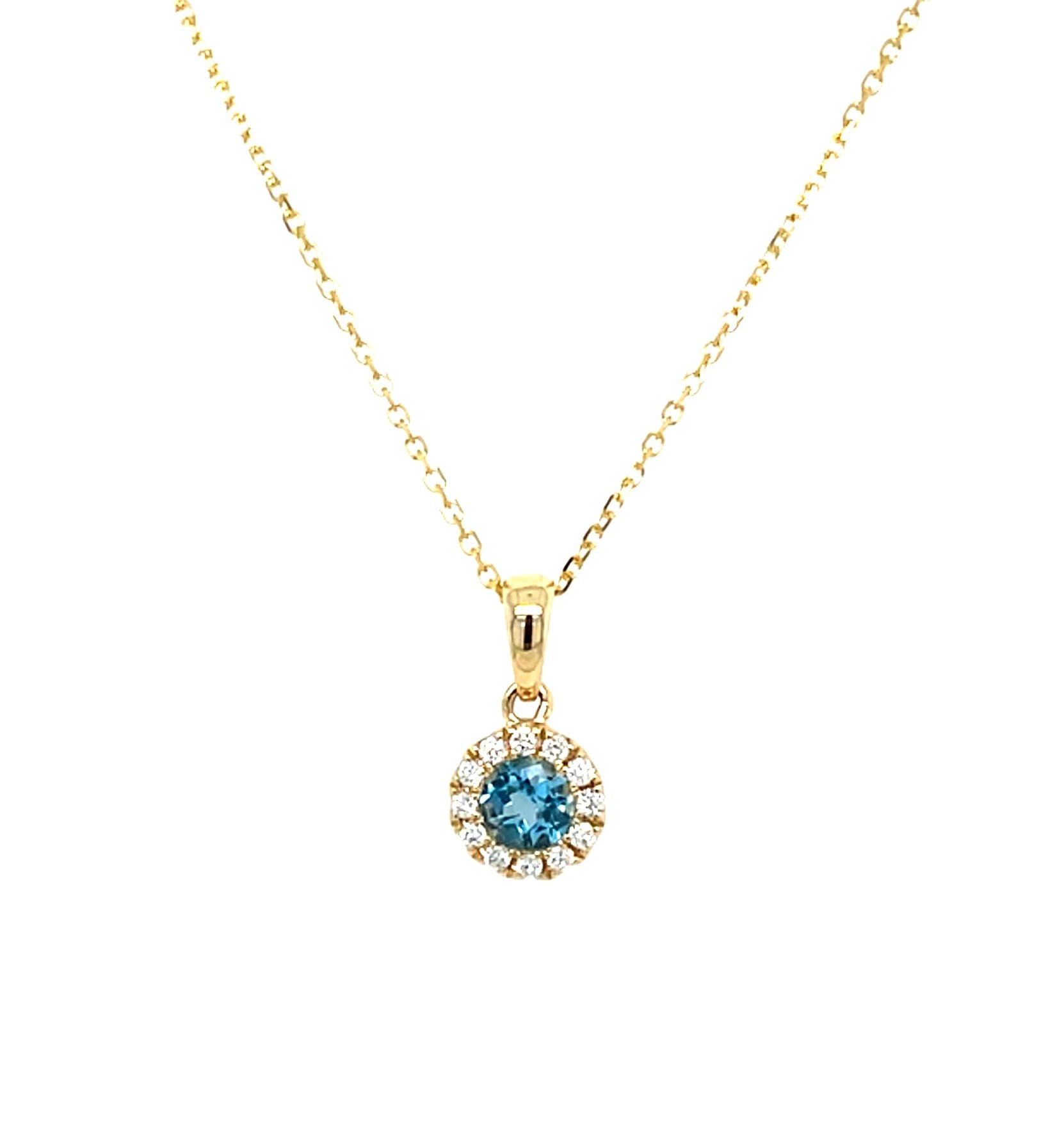 Yellow Gold Blue Topaz Necklace with Diamond Halo