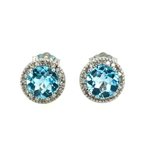 White Gold Blue Topaz Stud Earrings with Diamond Halos
