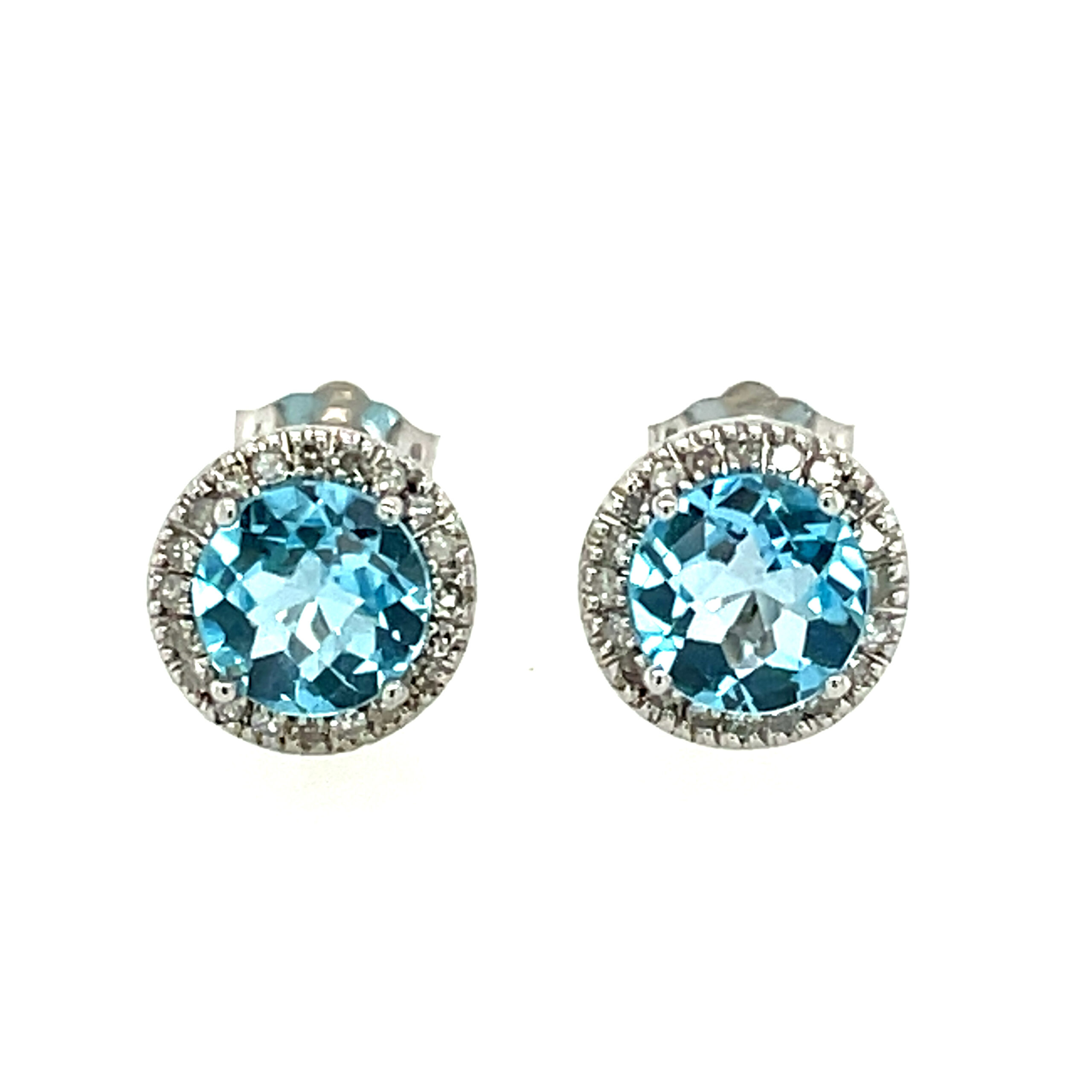White Gold Blue Topaz Stud Earrings with Diamond Halos