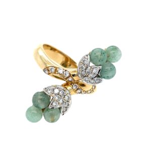 Estate: Yellow Gold Green Gemstone Bead Bypass Ring with Diamonds