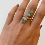 Estate: Yellow Gold Green Gemstone Bead Bypass Ring with Diamonds