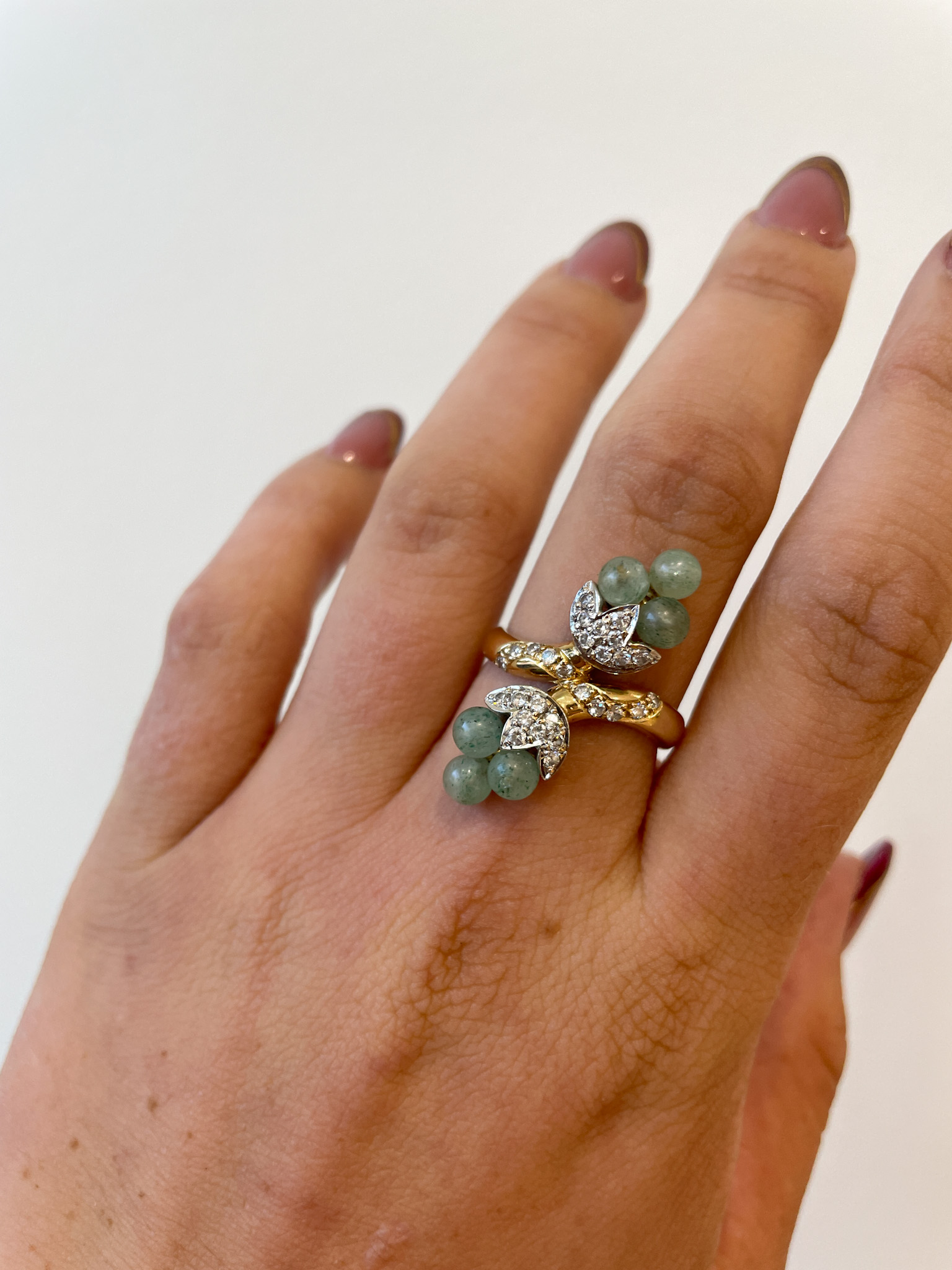 Estate: Yellow Gold Green Gemstone Bead Bypass Ring with Diamonds