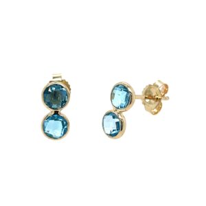 Yellow Gold Blue Topaz Double Bezel Stud Earrings