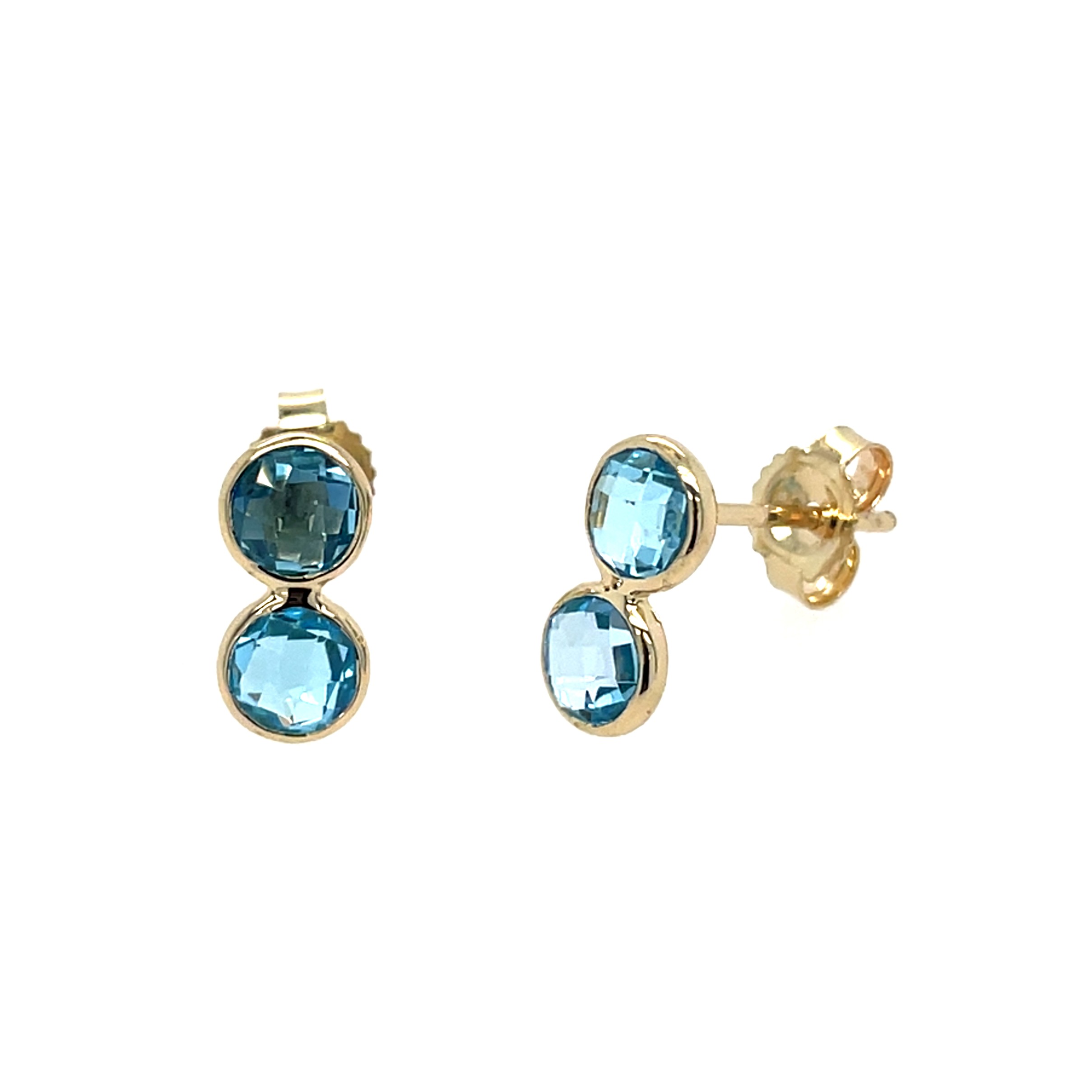 Yellow Gold Blue Topaz Double Bezel Stud Earrings