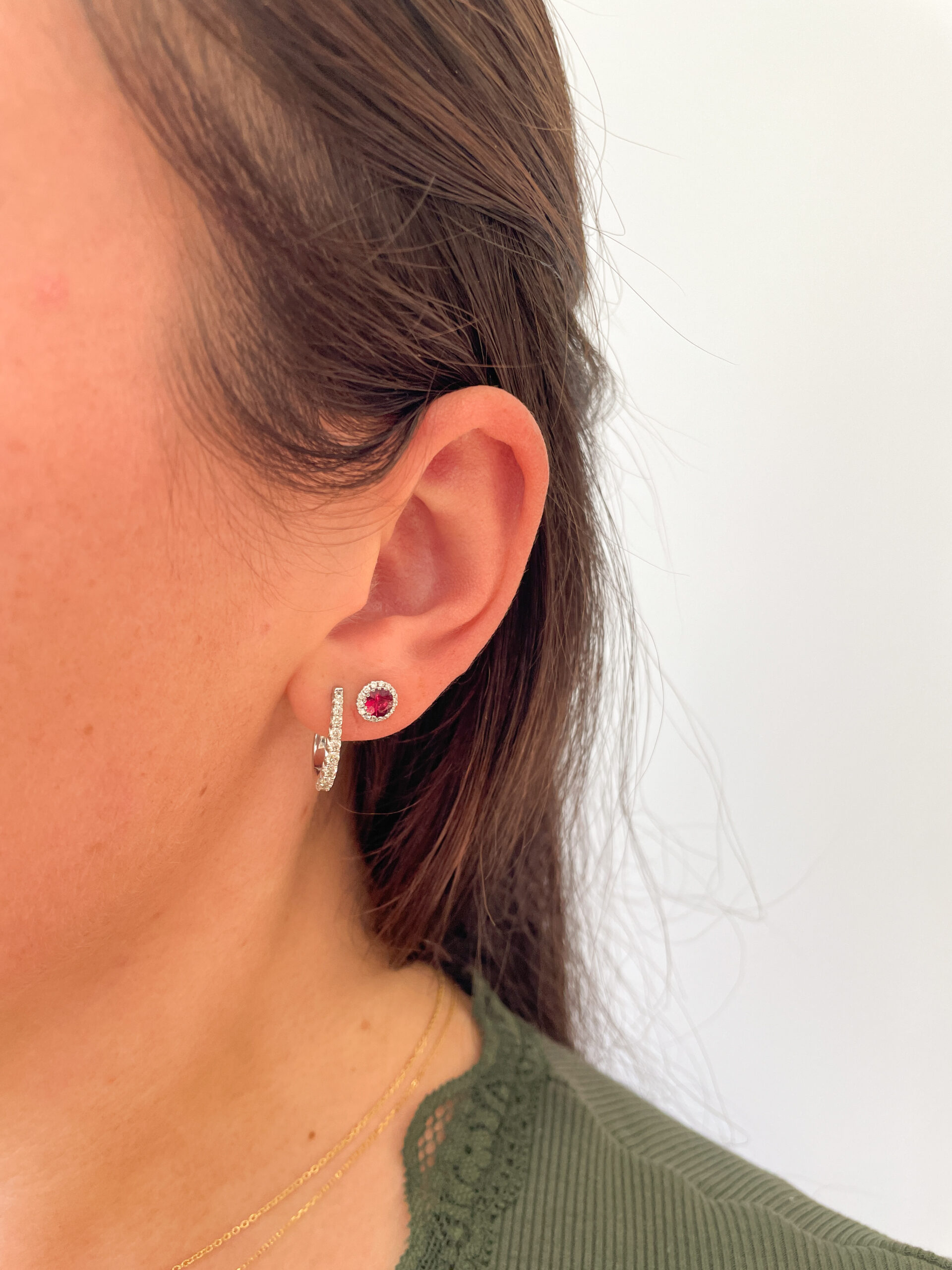 White Gold Ruby Earrings with Diamond Halos