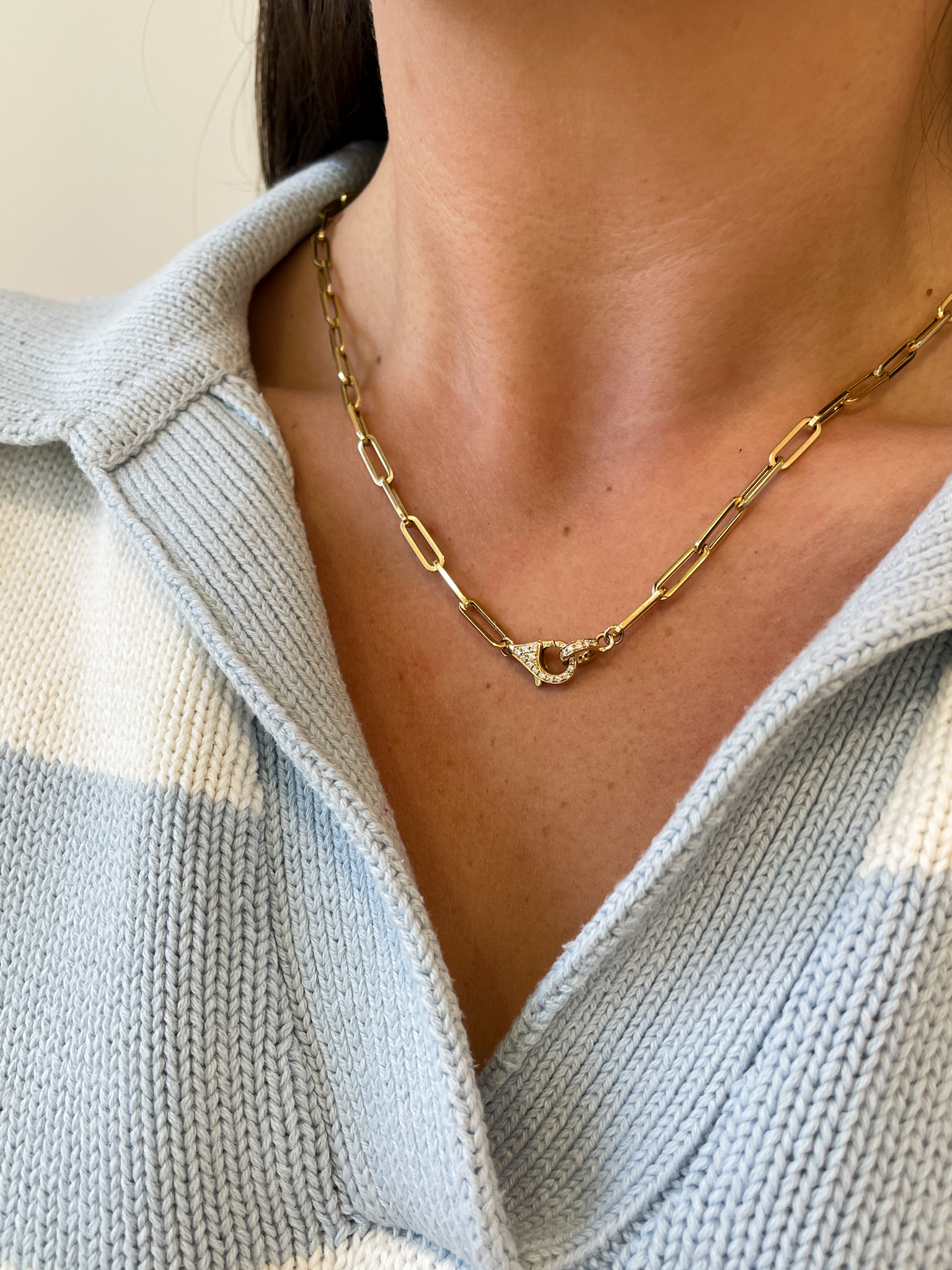 Yellow Gold Paperclip Necklace with Diamond Clasp