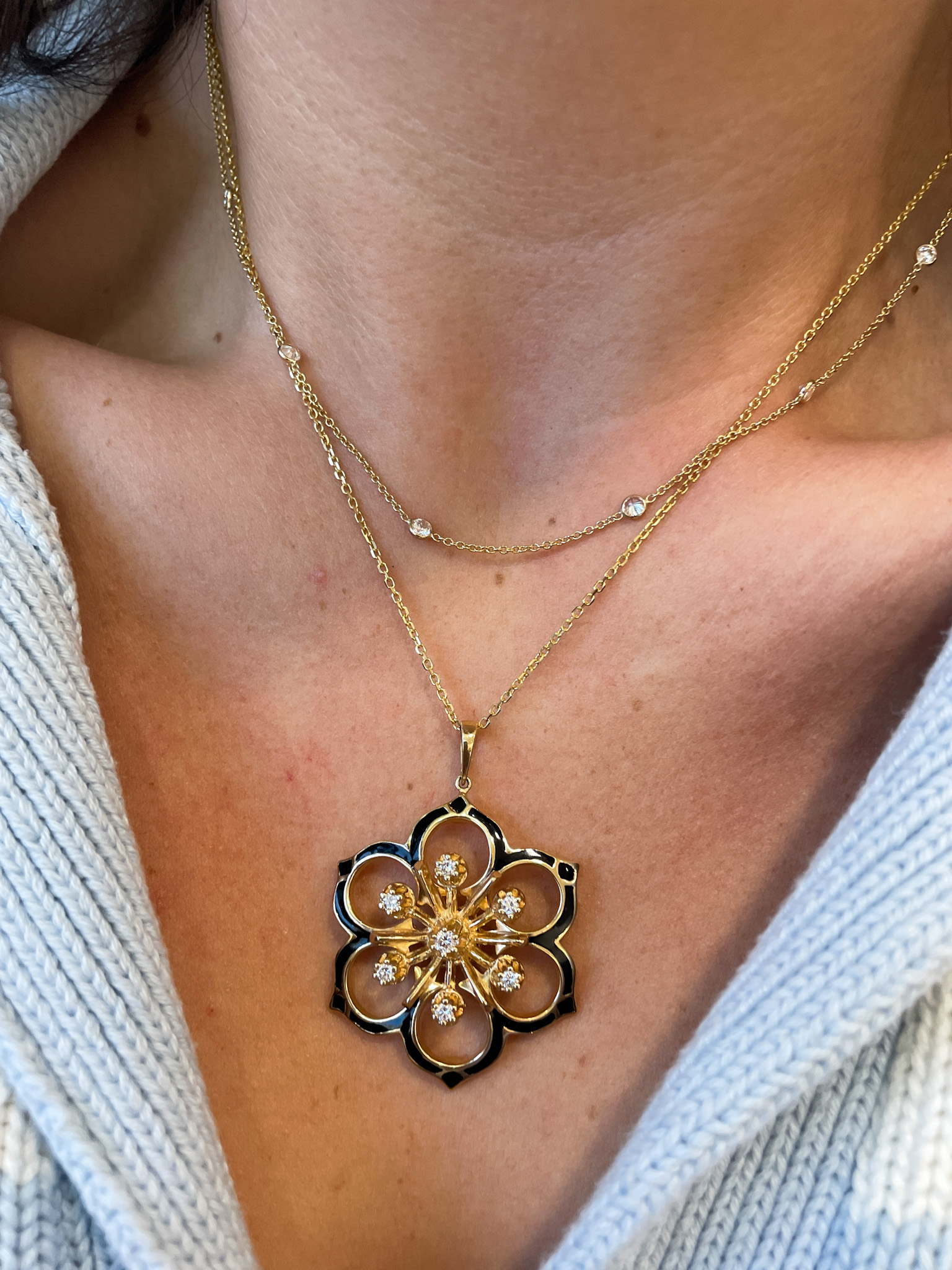 Estate:  Yellow Gold & Black Enamel Diamond Pendant