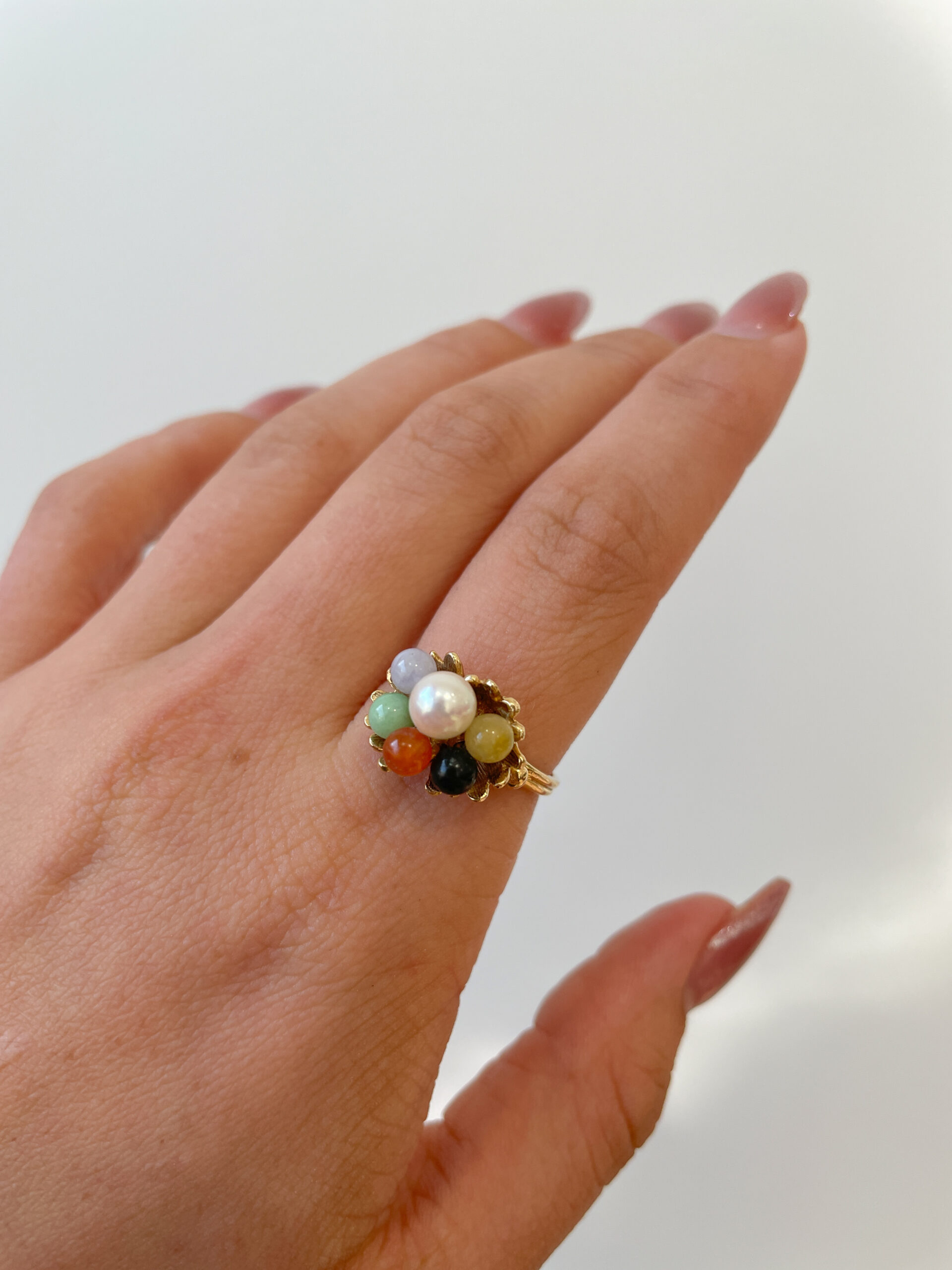 Estate: Yellow Gold Gemstone and Pearl Bouquet Ring