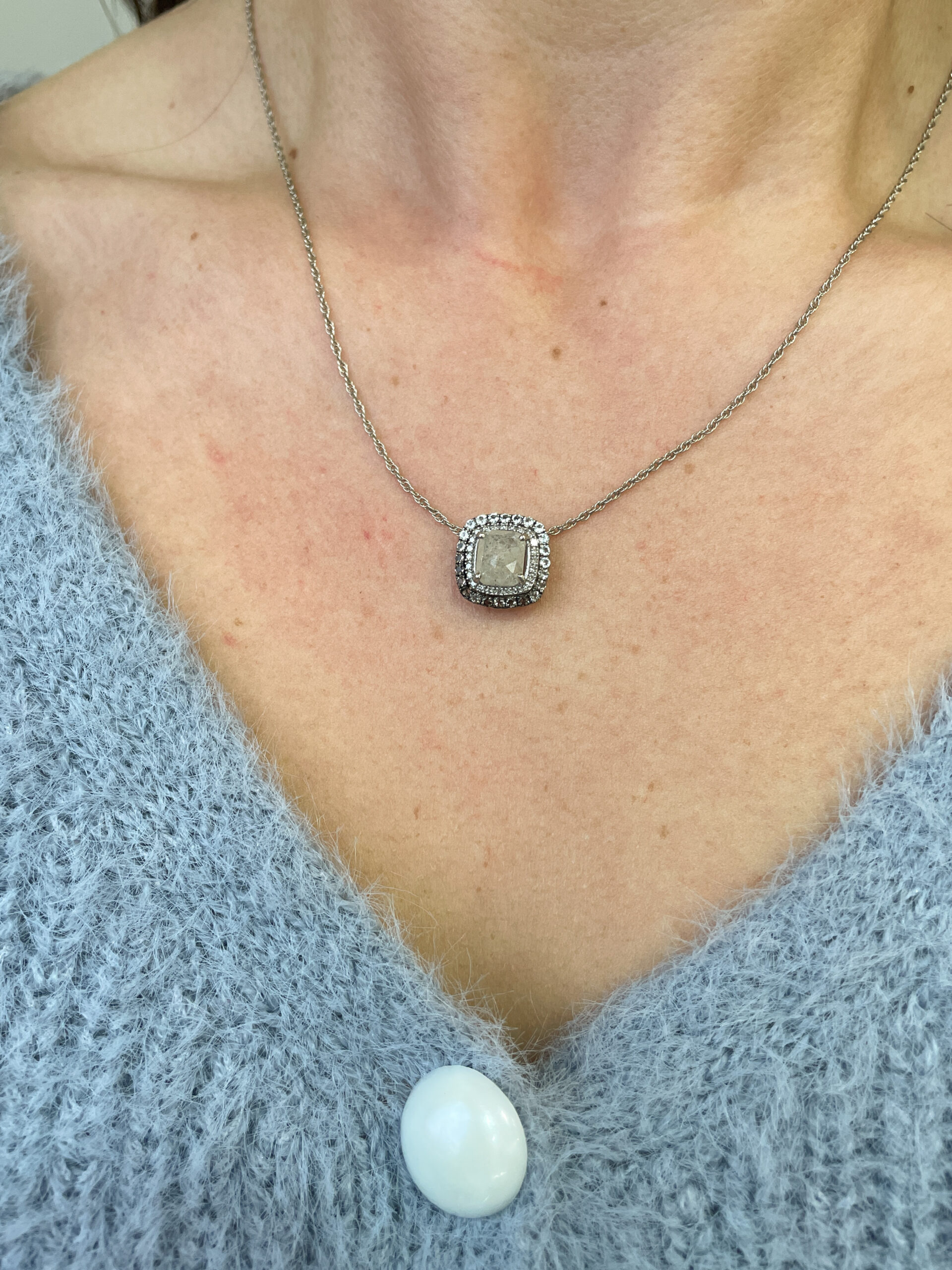 Estate: White Gold Rose-Cut Diamond Necklace with Diamond & Topaz Halo