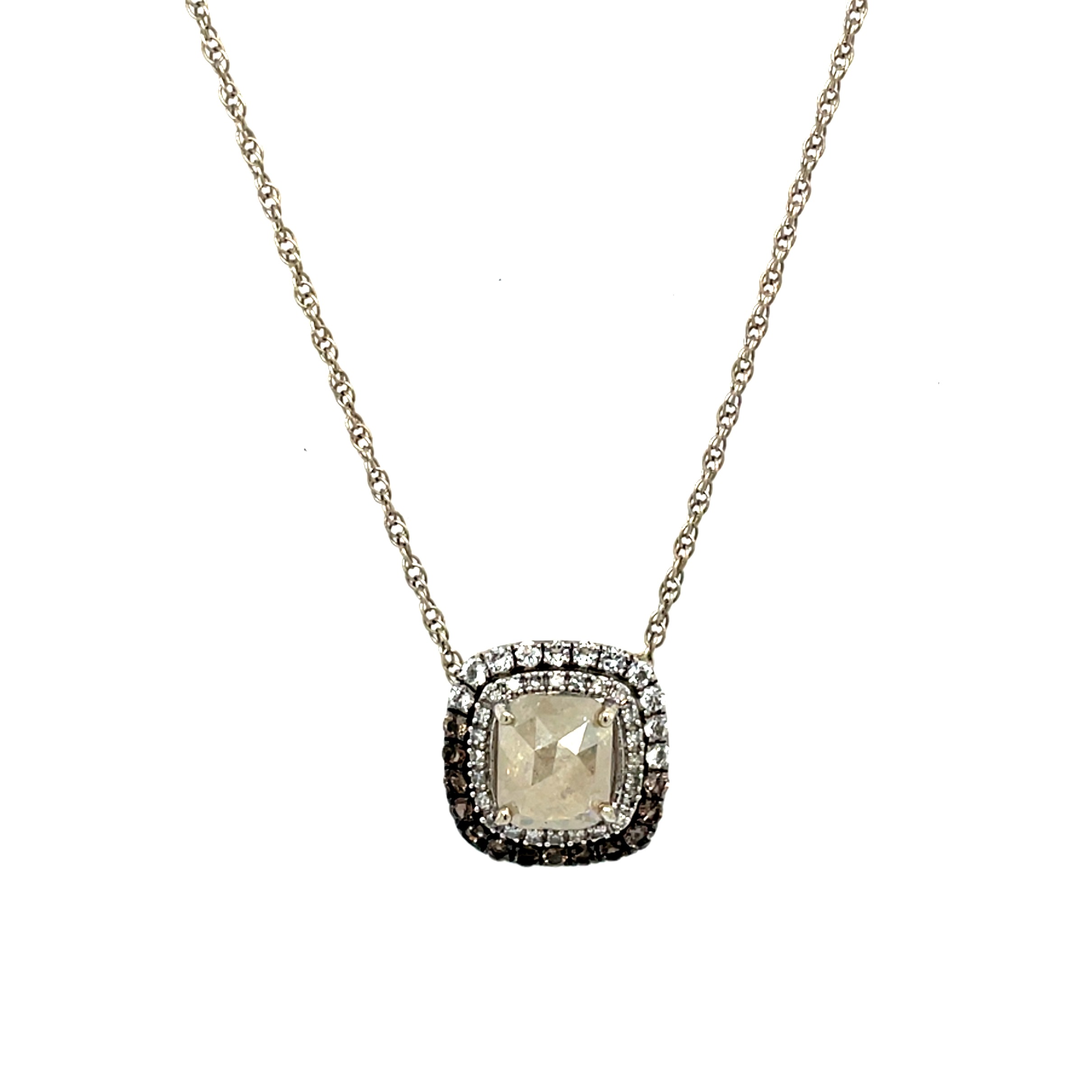 Estate: White Gold Rose-Cut Diamond Necklace with Diamond & Topaz Halo