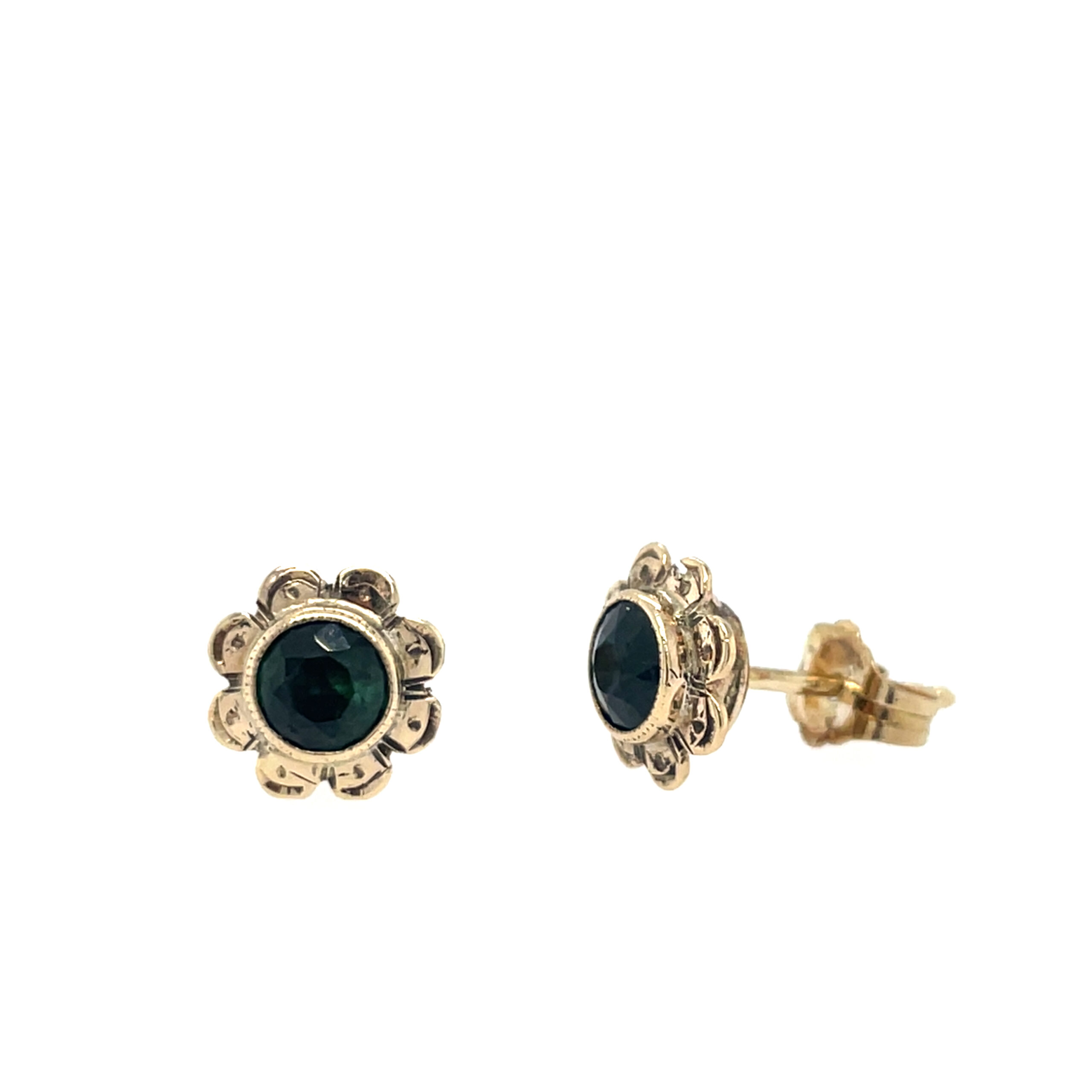 Estate: Yellow Gold Green Gemstone Floral Stud Earrings