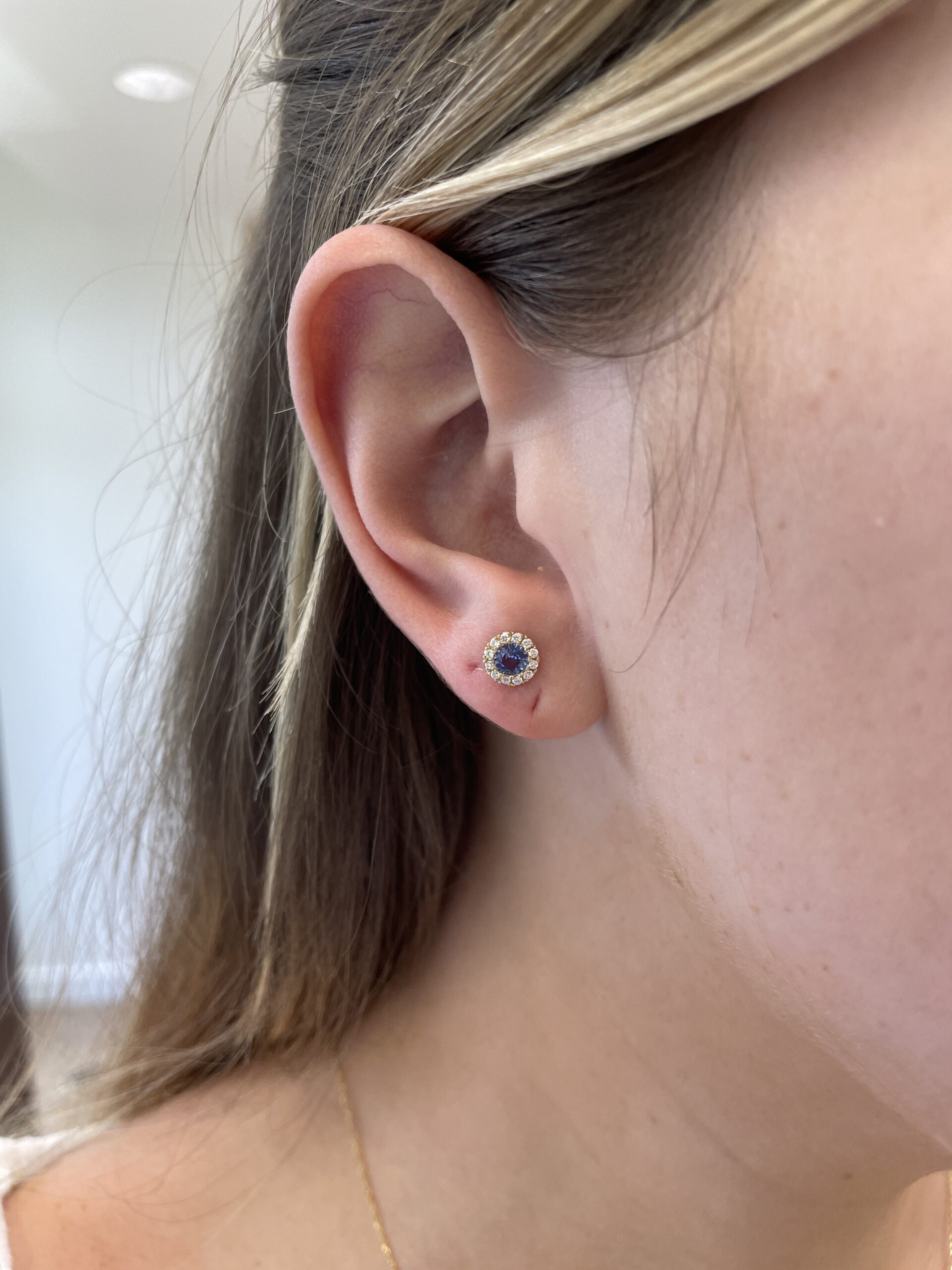 Yellow Gold Sapphire Stud Earrings with Diamond Halos