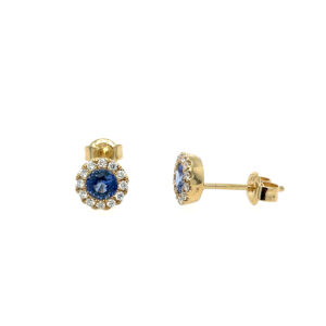 Yellow Gold Sapphire Stud Earrings with Diamond Halos
