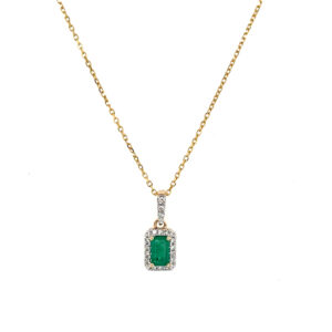 Yellow Gold Emerald Necklace with Diamond Halo
