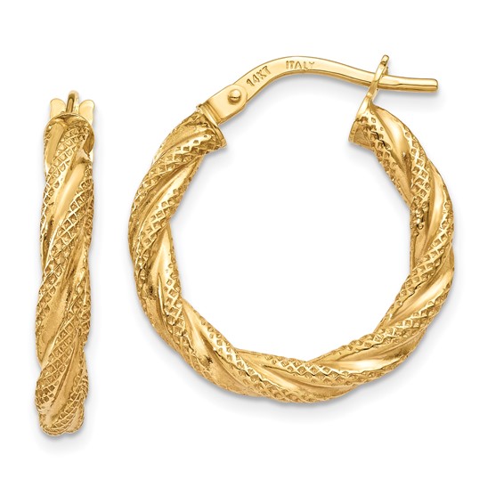 Yellow Gold Twisted Textured Hoop Earrings, 20mm