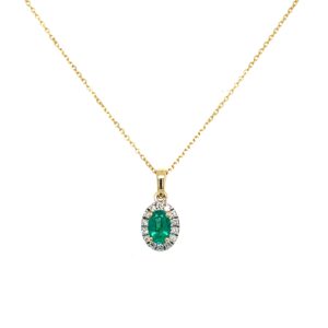 Yellow Gold Emerald Necklace with Diamond Halo