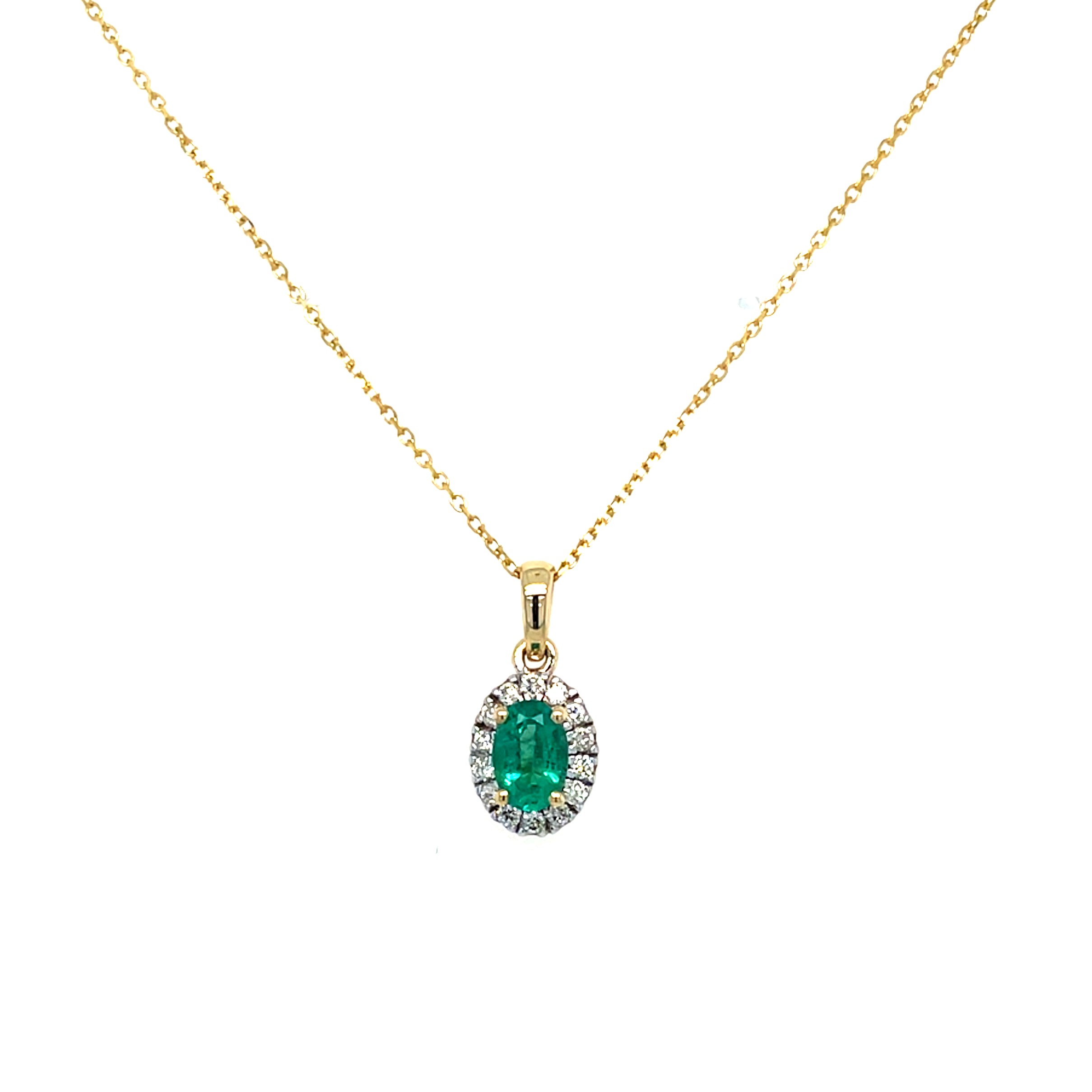 Yellow Gold Emerald Necklace with Diamond Halo
