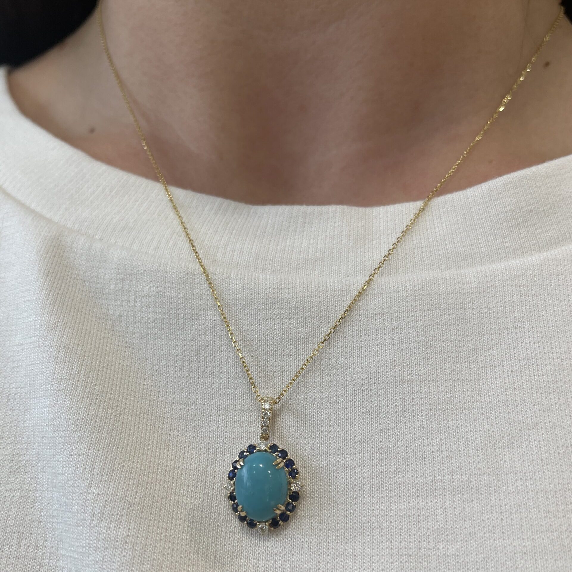 Yellow Gold Turquoise Necklace with Sapphires and Diamonds