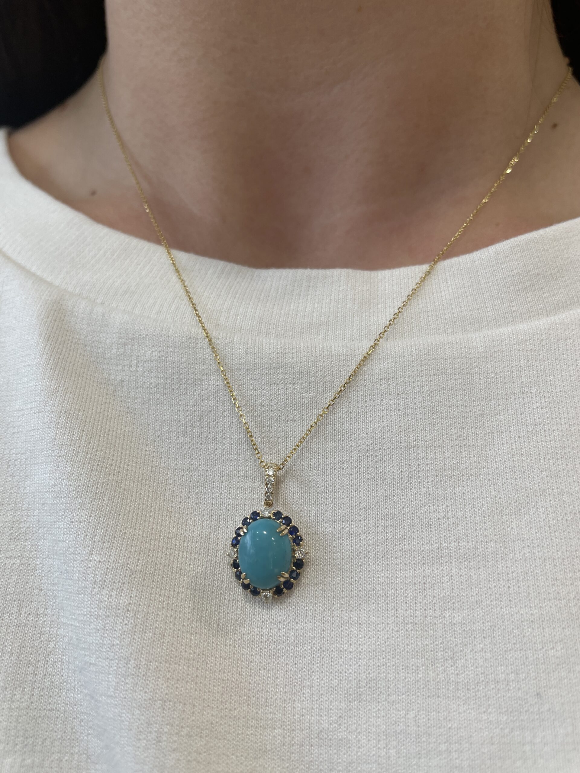 Yellow Gold Turquoise Necklace with Sapphires and Diamonds
