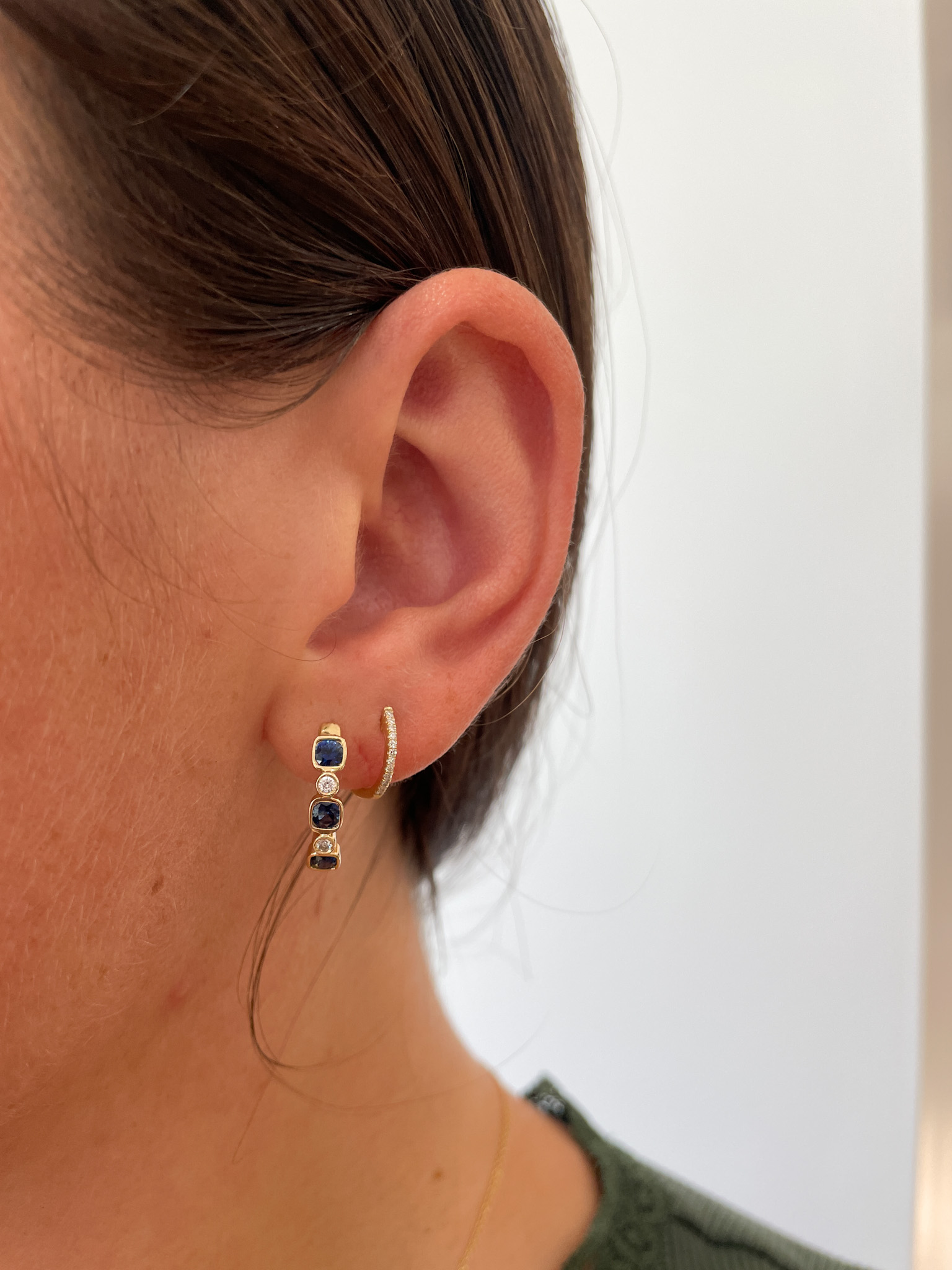 Yellow Gold Sapphire and Diamond Hoop Earrings