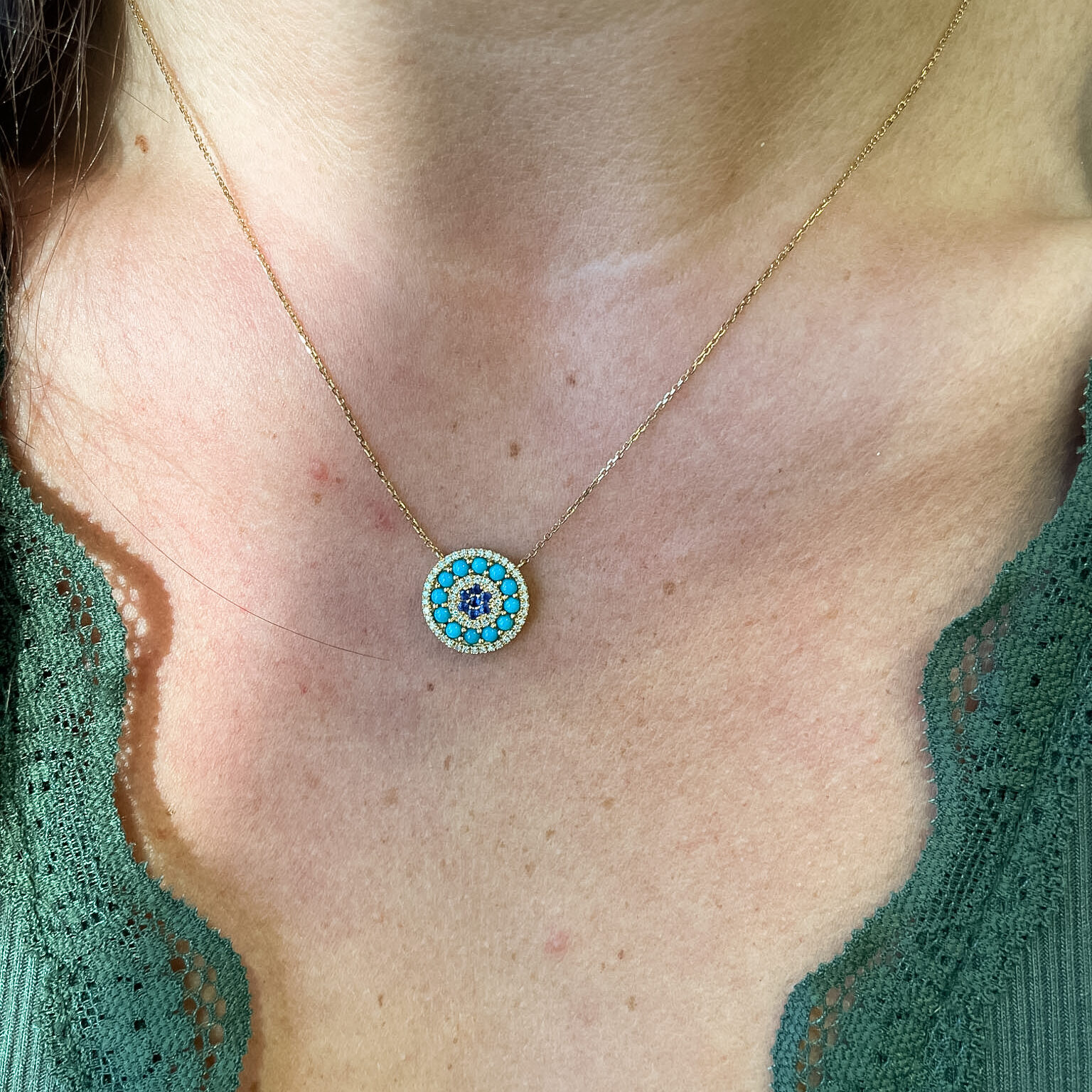 Yellow Gold Turquoise Necklace with Sapphires and Diamonds