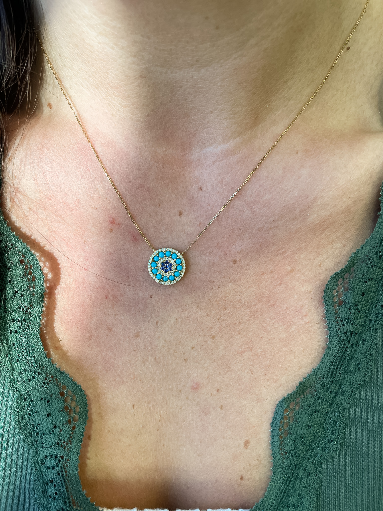 Yellow Gold Turquoise Necklace with Sapphires and Diamonds