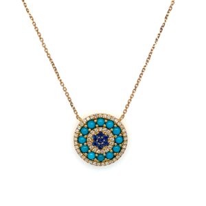 Yellow Gold Turquoise Necklace with Sapphires and Diamonds