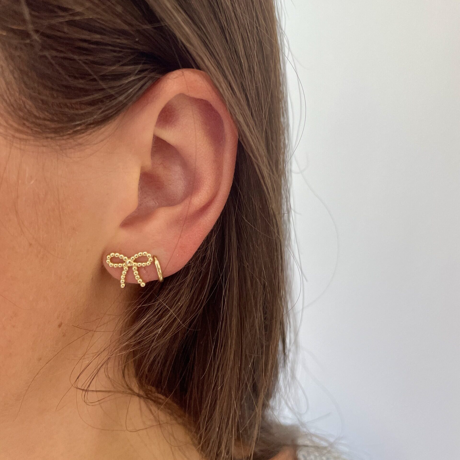 Yellow Gold Beaded Bow Stud Earrings