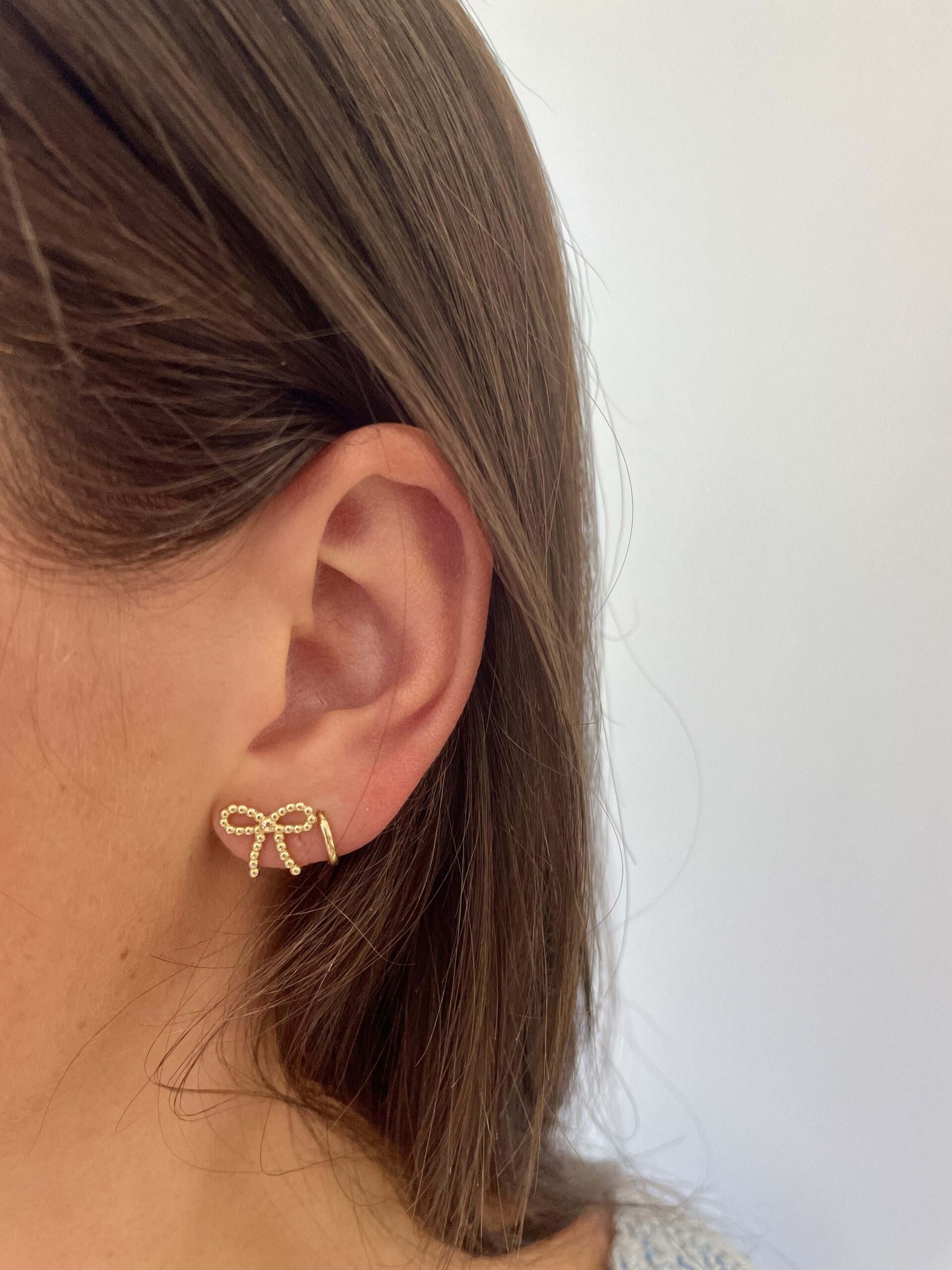 Yellow Gold Beaded Bow Stud Earrings