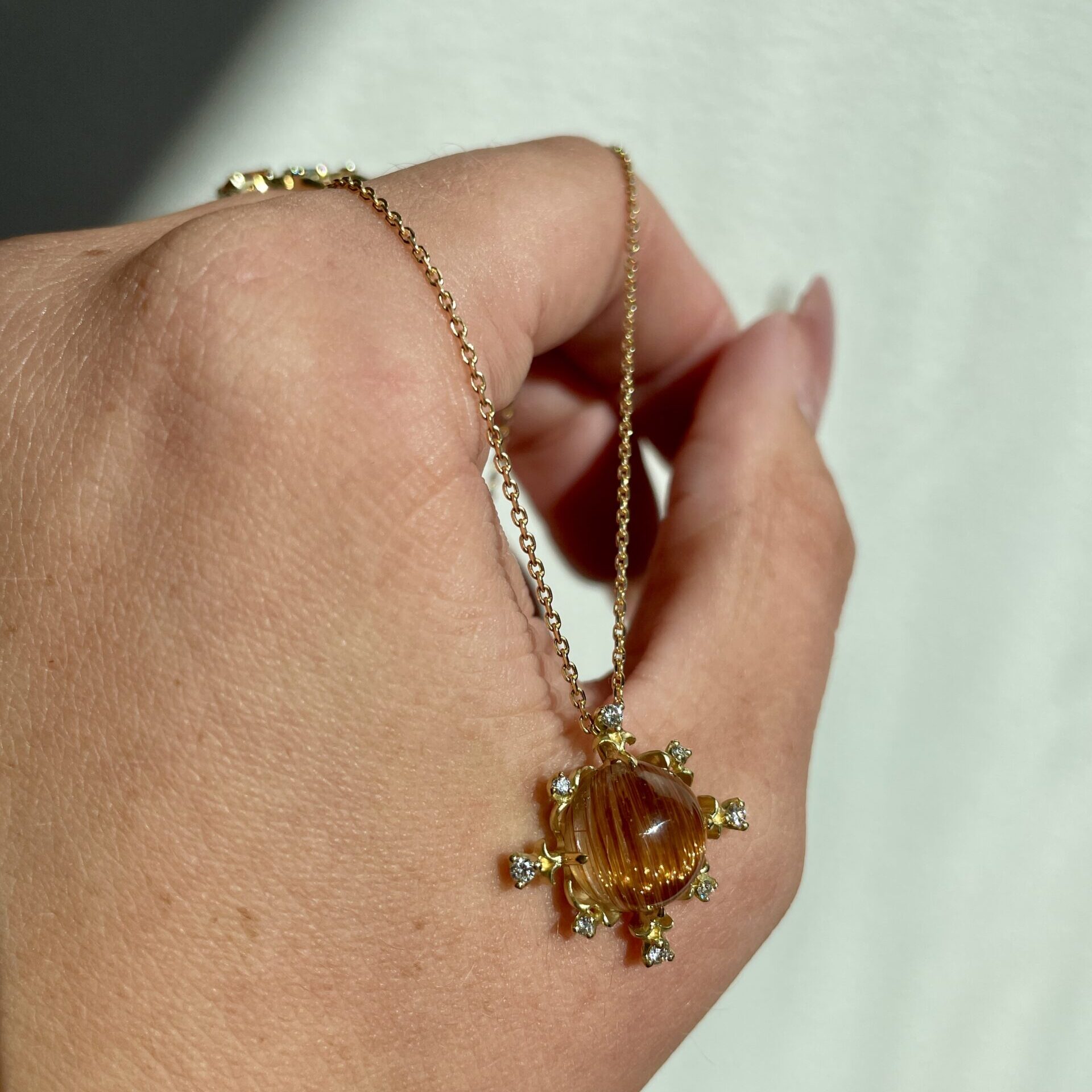 Estate: Yellow Gold Rutilated Quartz Necklace with Diamonds