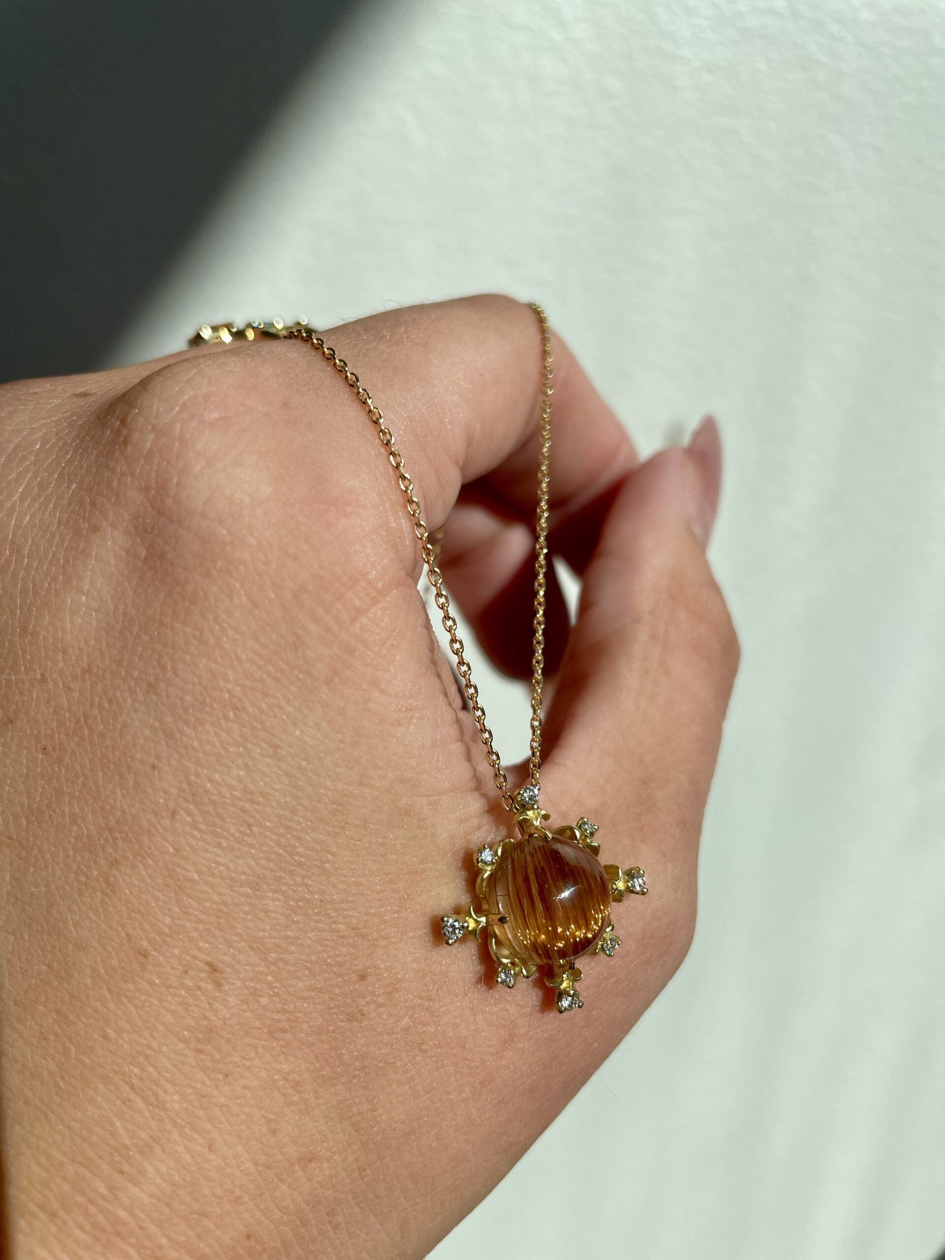 Estate: Yellow Gold Rutilated Quartz Necklace with Diamonds