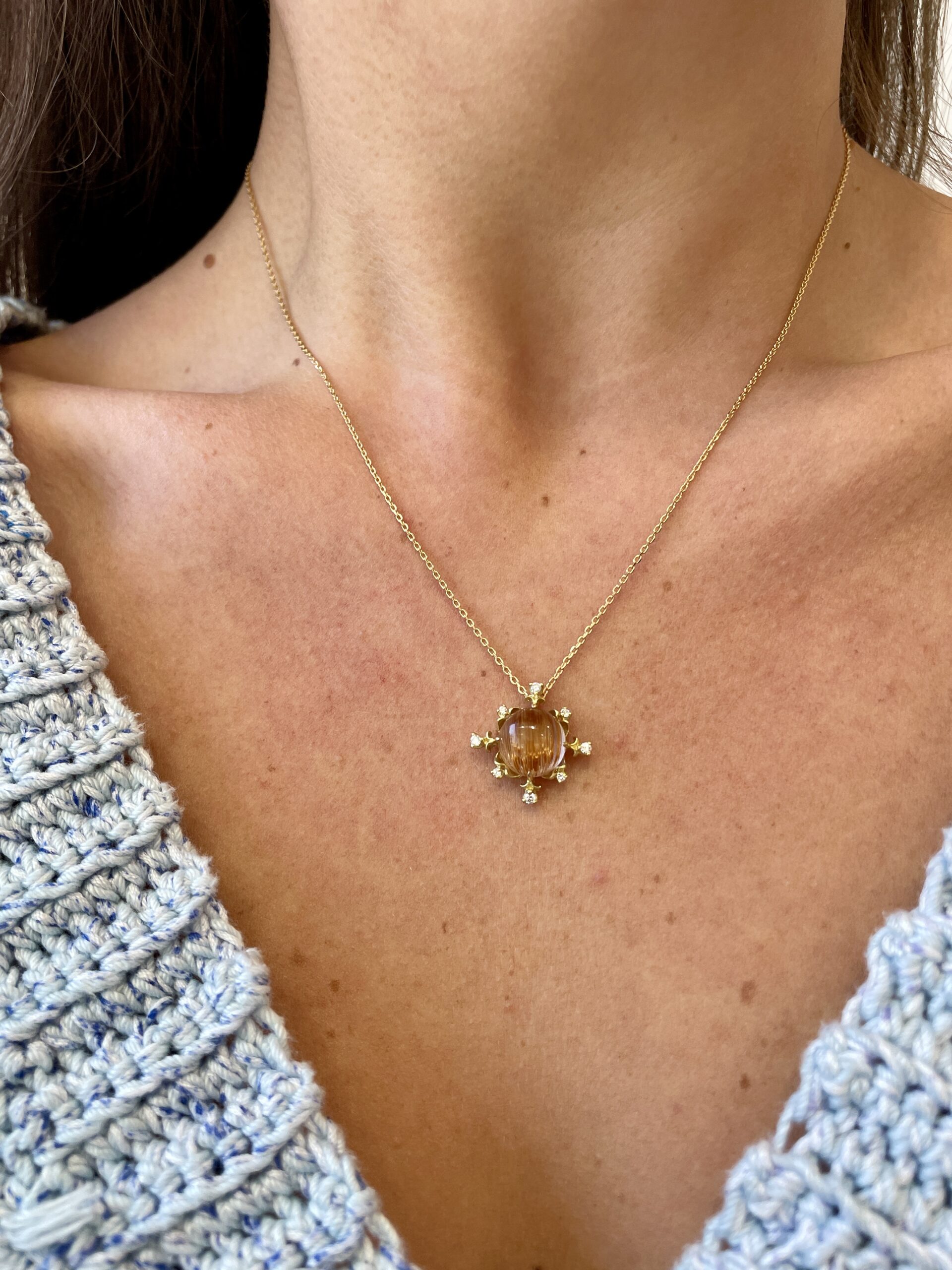 Estate: Yellow Gold Rutilated Quartz Necklace with Diamonds