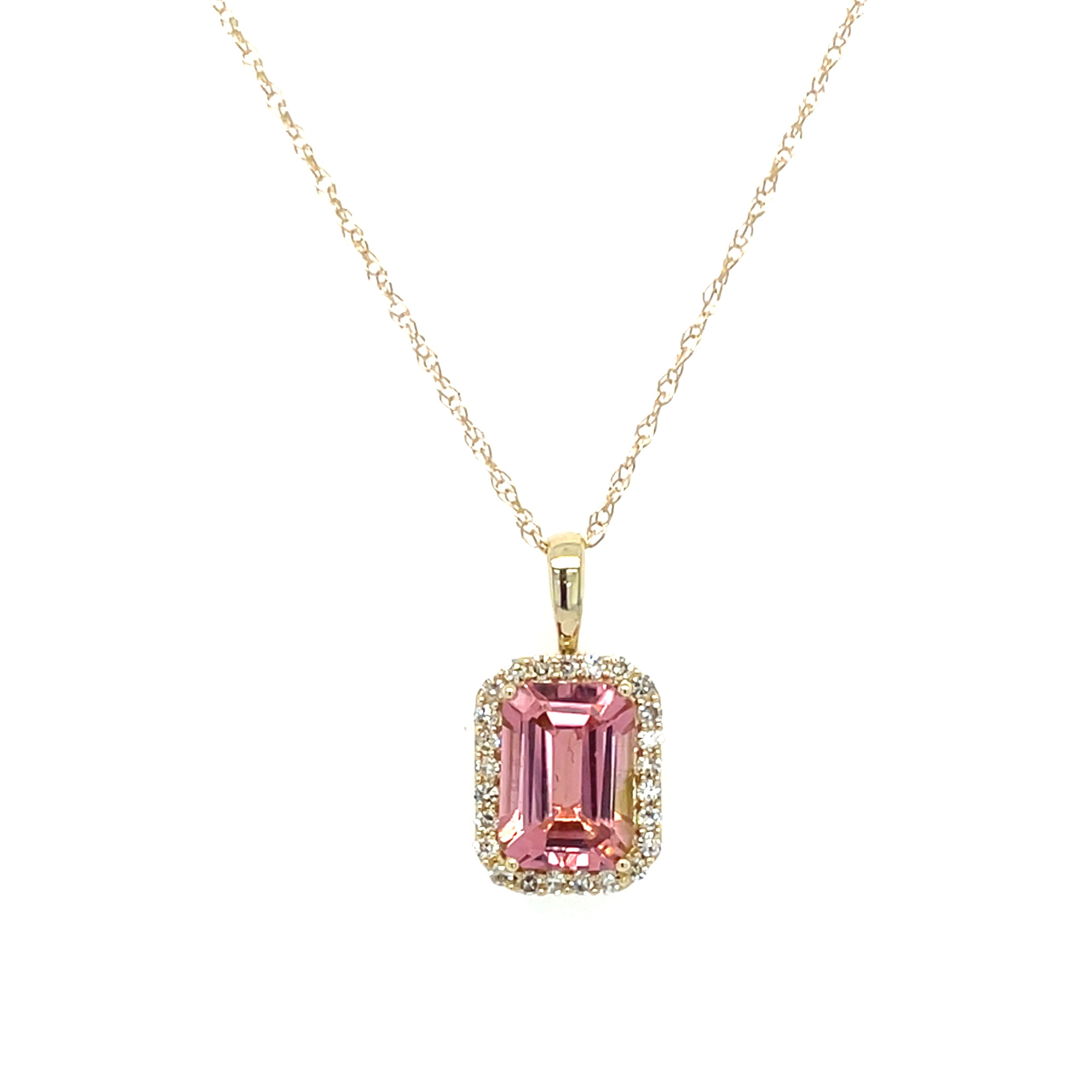 Yellow Gold Pink Tourmaline Necklace with Diamonds