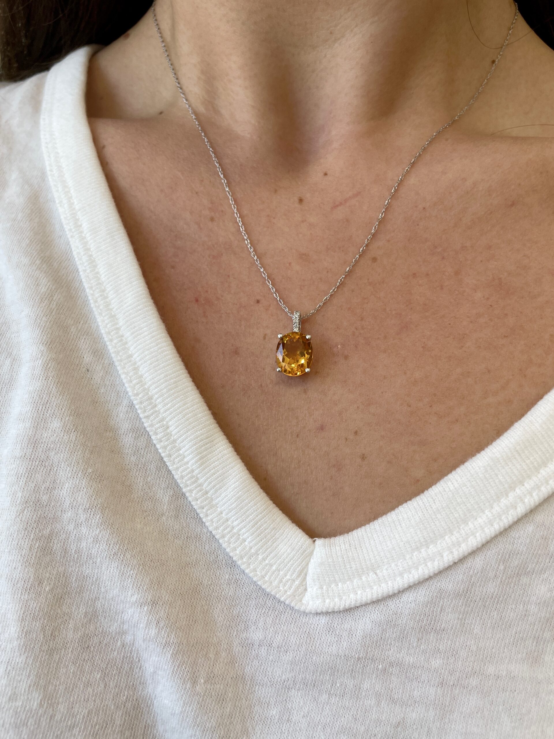 White Gold Citrine Pendant Necklace with Diamonds