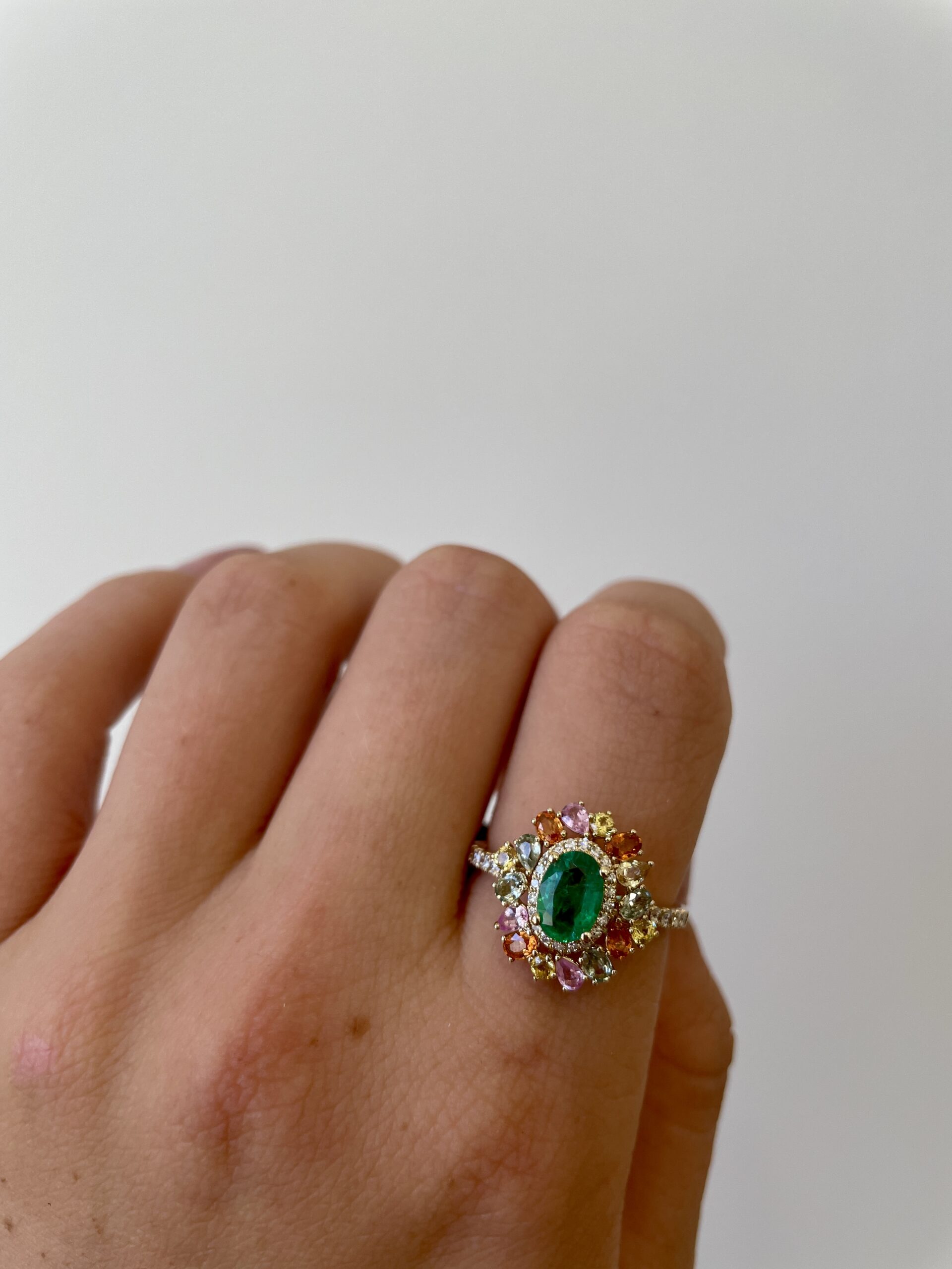 Yellow Gold Emerald, Diamond, & Multi-Colored Sapphire Ring