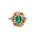 Yellow Gold Emerald, Diamond, & Multi-Colored Sapphire Ring