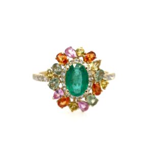Yellow Gold Emerald, Diamond, & Multi-Colored Sapphire Ring