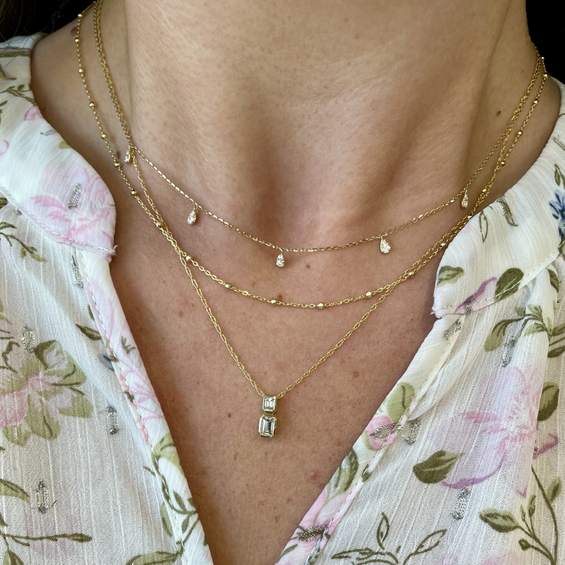 Yellow Gold Dangle Diamond Station Necklace