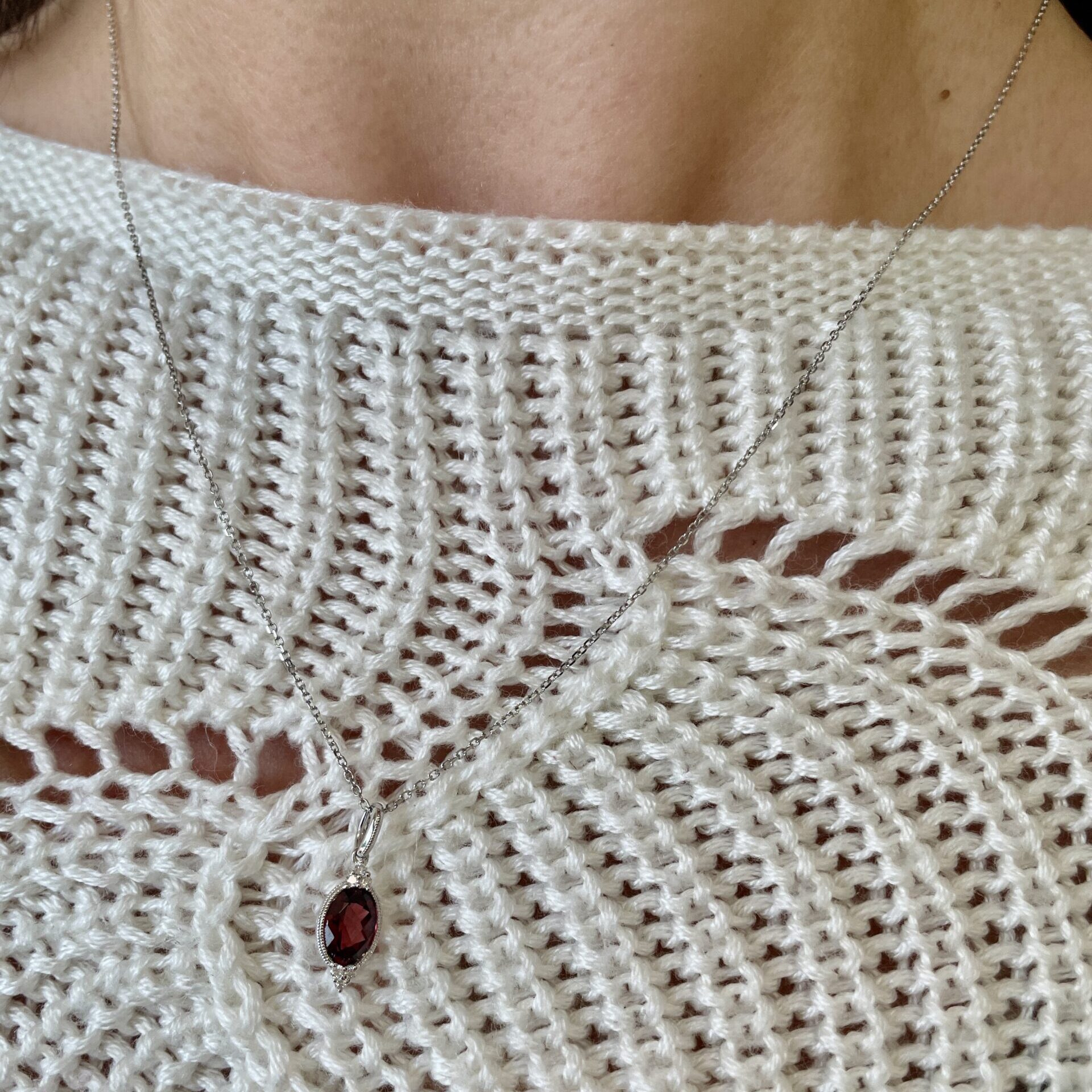 White Gold Garnet Milgrain Necklace with Diamonds