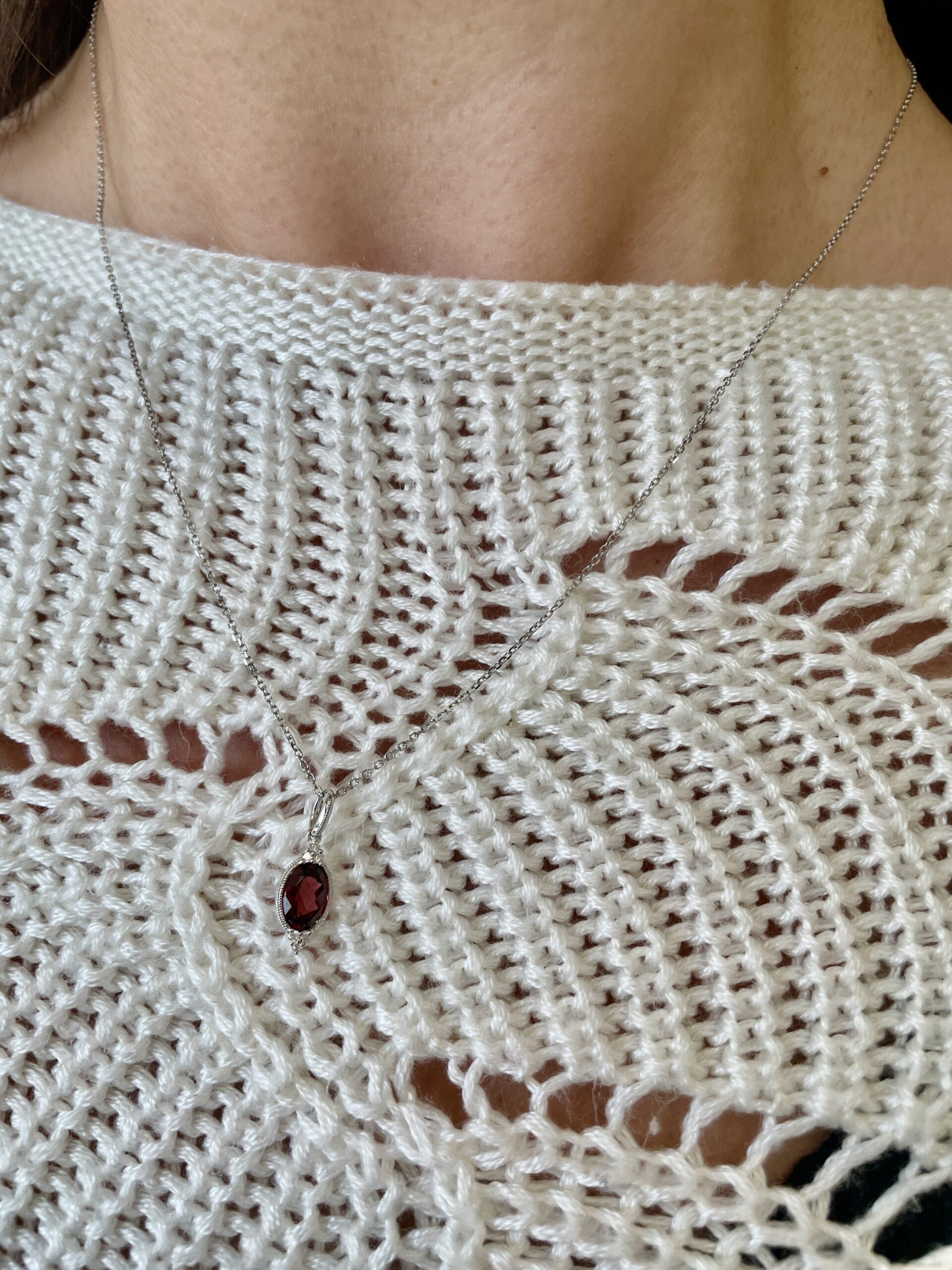 White Gold Garnet Milgrain Necklace with Diamonds