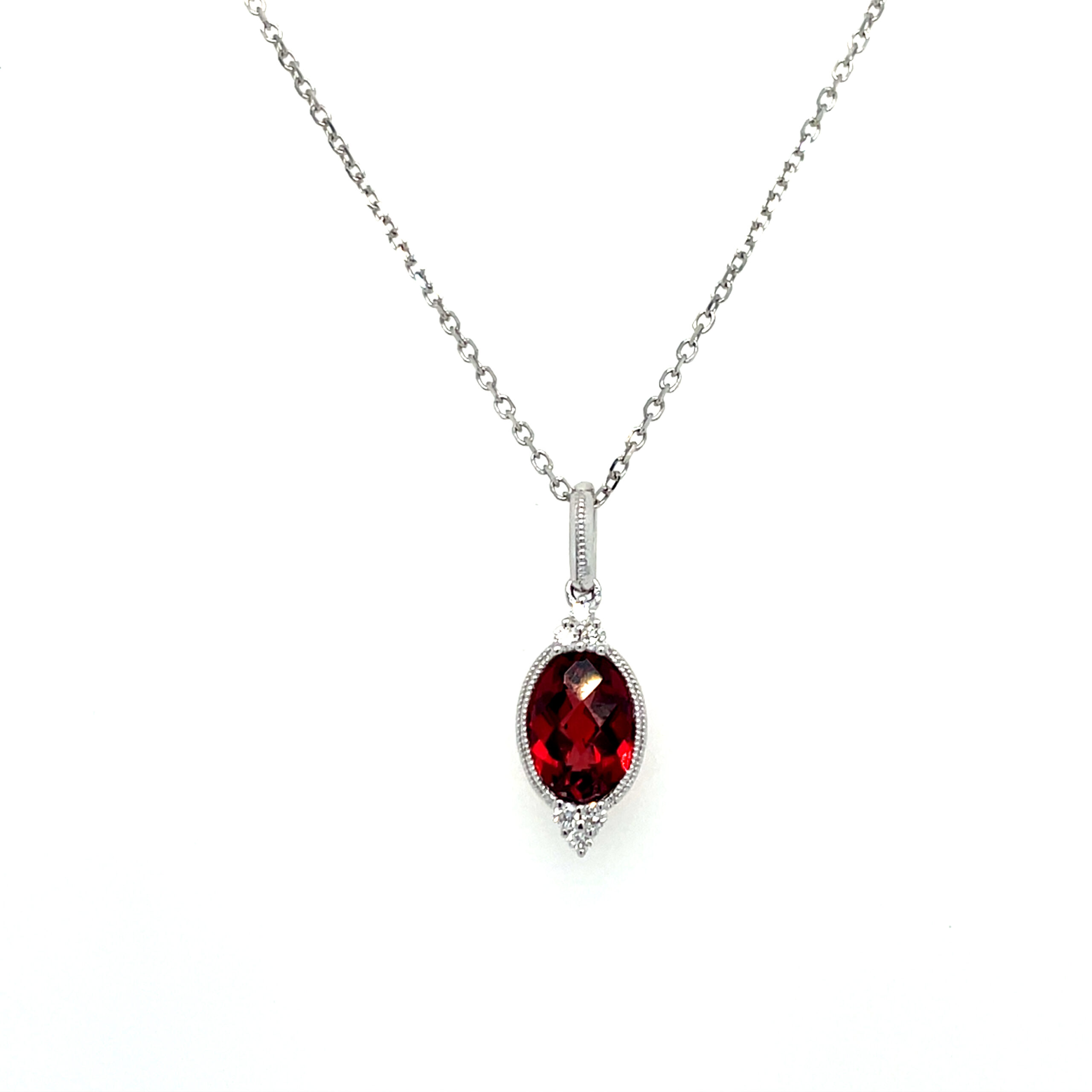 White Gold Garnet Milgrain Necklace with Diamonds