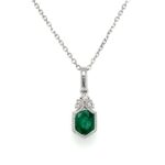 White Gold Emerald Milgrain Necklace with Diamonds