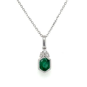 White Gold Emerald Milgrain Necklace with Diamonds