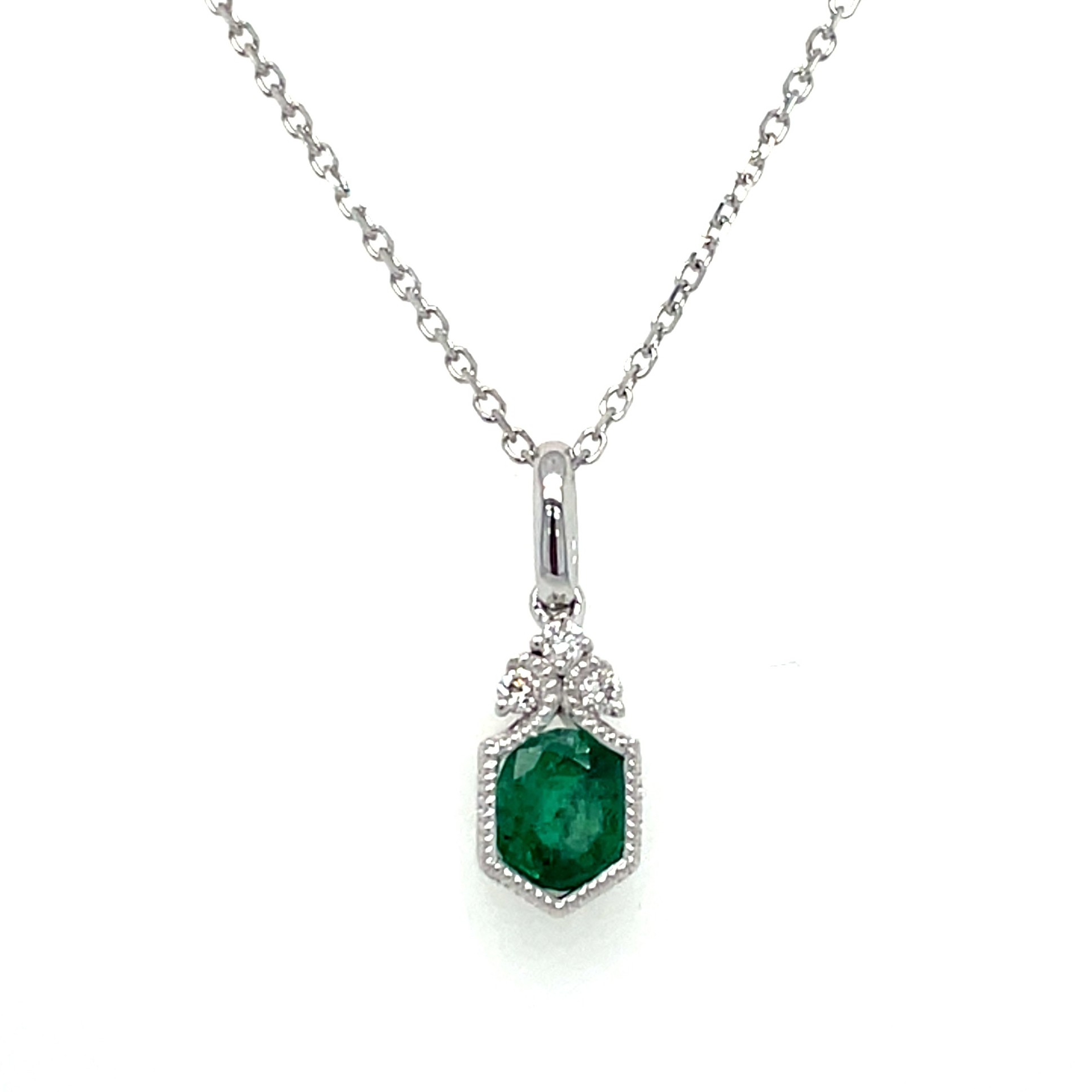 White Gold Emerald Milgrain Necklace with Diamonds