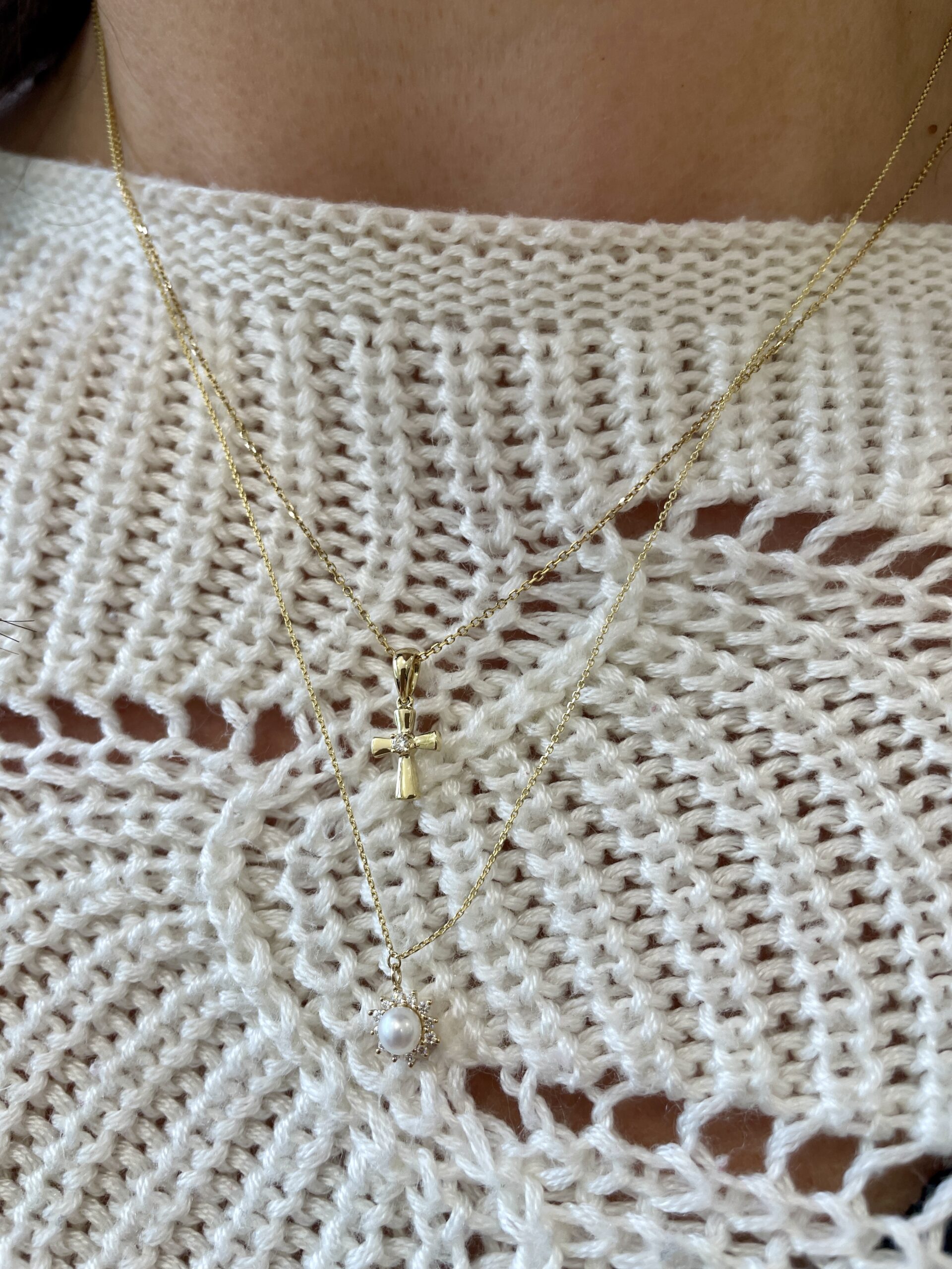 Yellow Gold Cross Necklace with Diamond Accent