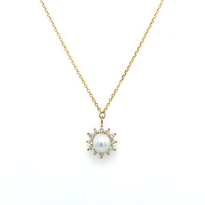 Yellow Gold Petite Pearl Diamond Burst Necklace