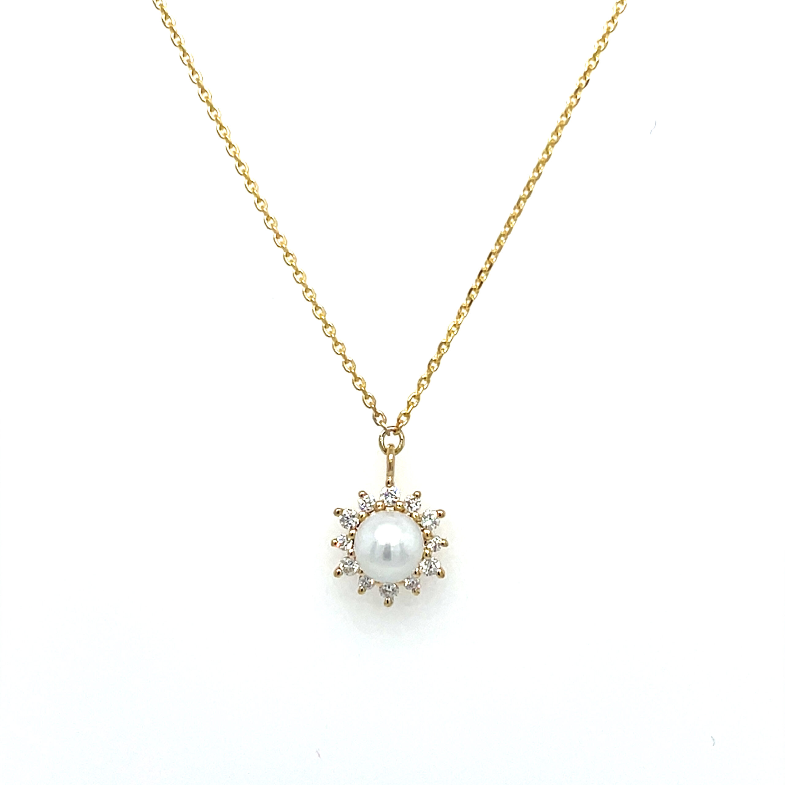 Yellow Gold Petite Pearl Diamond Burst Necklace