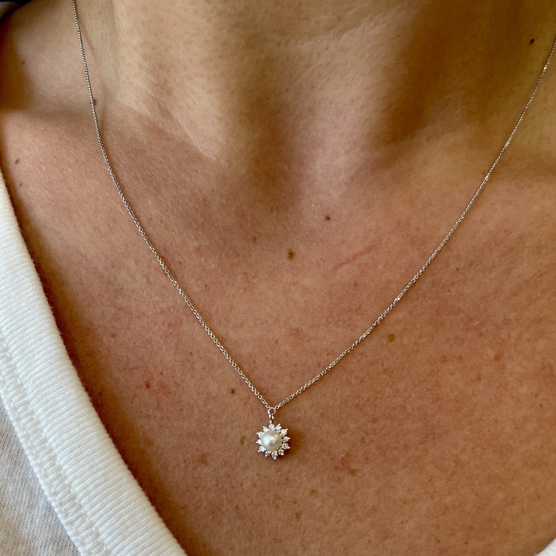 White Gold Petite Pearl and Diamond Burst Necklace